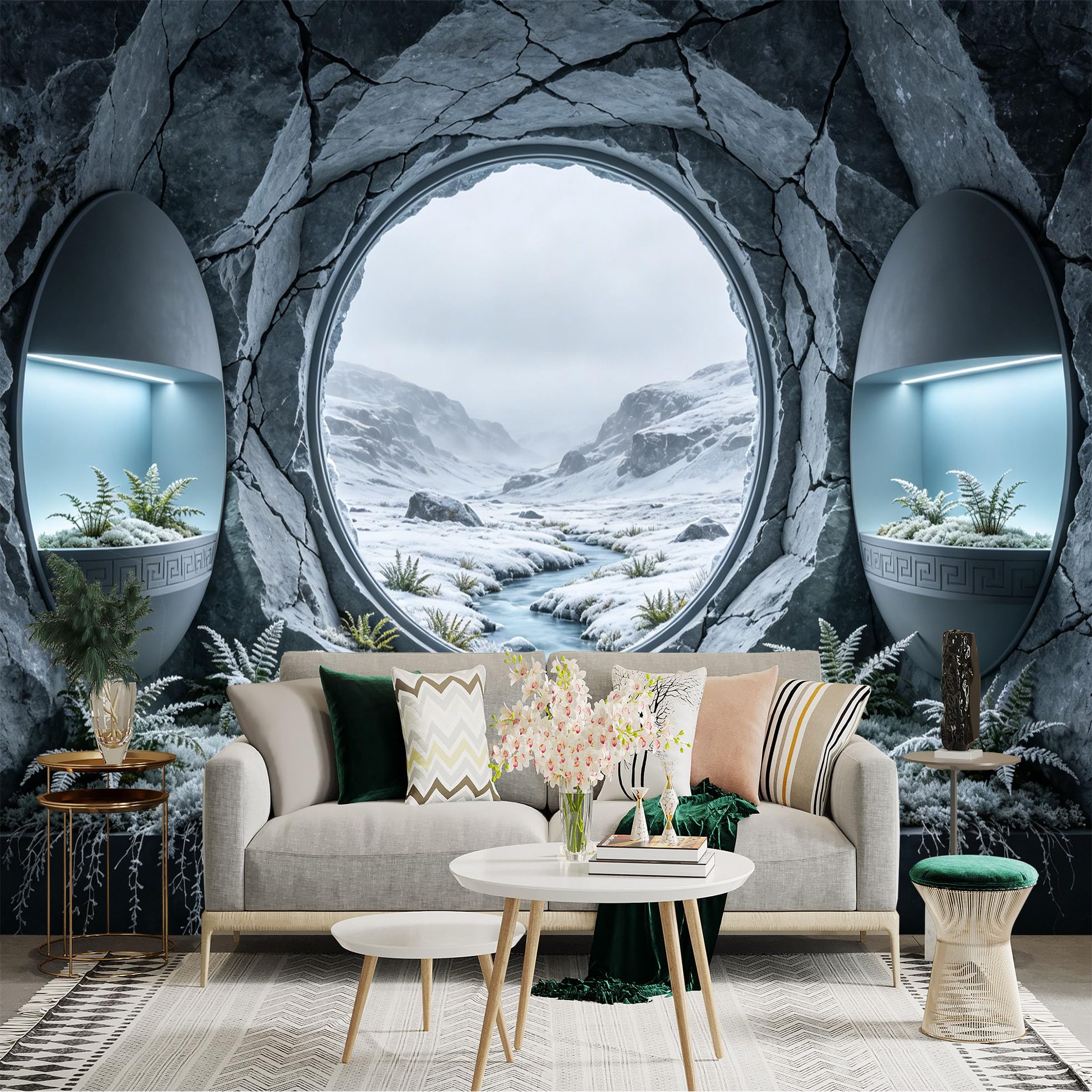 Custom Size Wall Sticker Mural， Futuristic Stone Tunnel with Snowy Valley and Frozen Stream， for wall Decoration， peelandstick wall Decals.