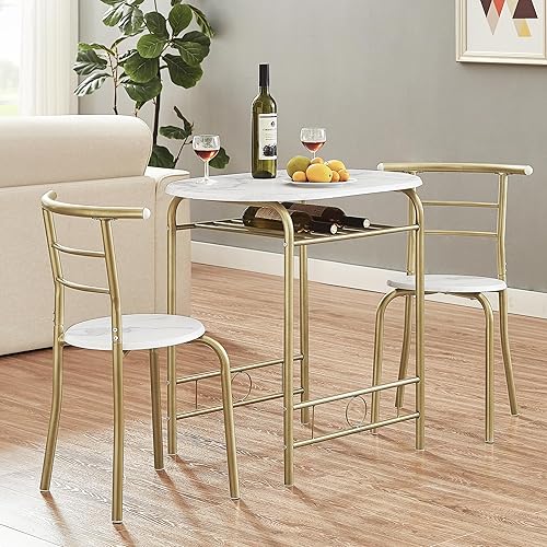 VECELO 3-Piece Dining Table Set for Kitchen Breakfast Nook, Wood Grain Oval Tabletop and Metal Frame with Built-in Wine Rack, for Small Spaces, 31.5", White & Gold