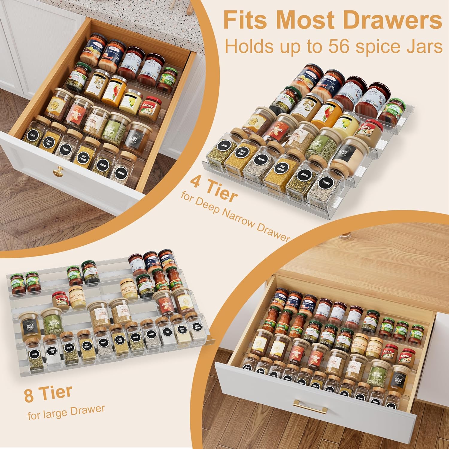 8-Pack Spice Drawer Organizer, Expandable Acrylic Seasoning Rack (13" to 26") with Anti-Slip Mat, Kitchen Spice Rack Drawer Holds up to 56 Jars (Jars Not Included) - Image 3