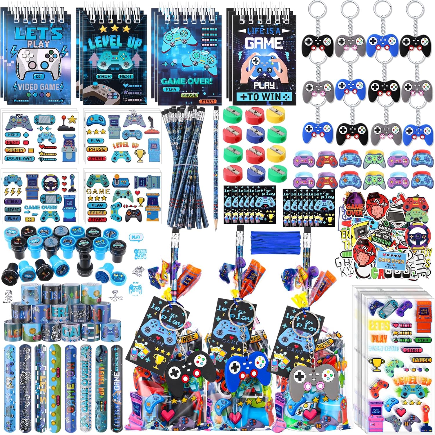 251 Pcs Cool Video Game Party Favors Set Includes Gift Bags Pencils Notebook Sharpener Slap Bracelets Rings Keychains Tattoo Gaming Stickers Stamper Gamer Party Favors Birthday