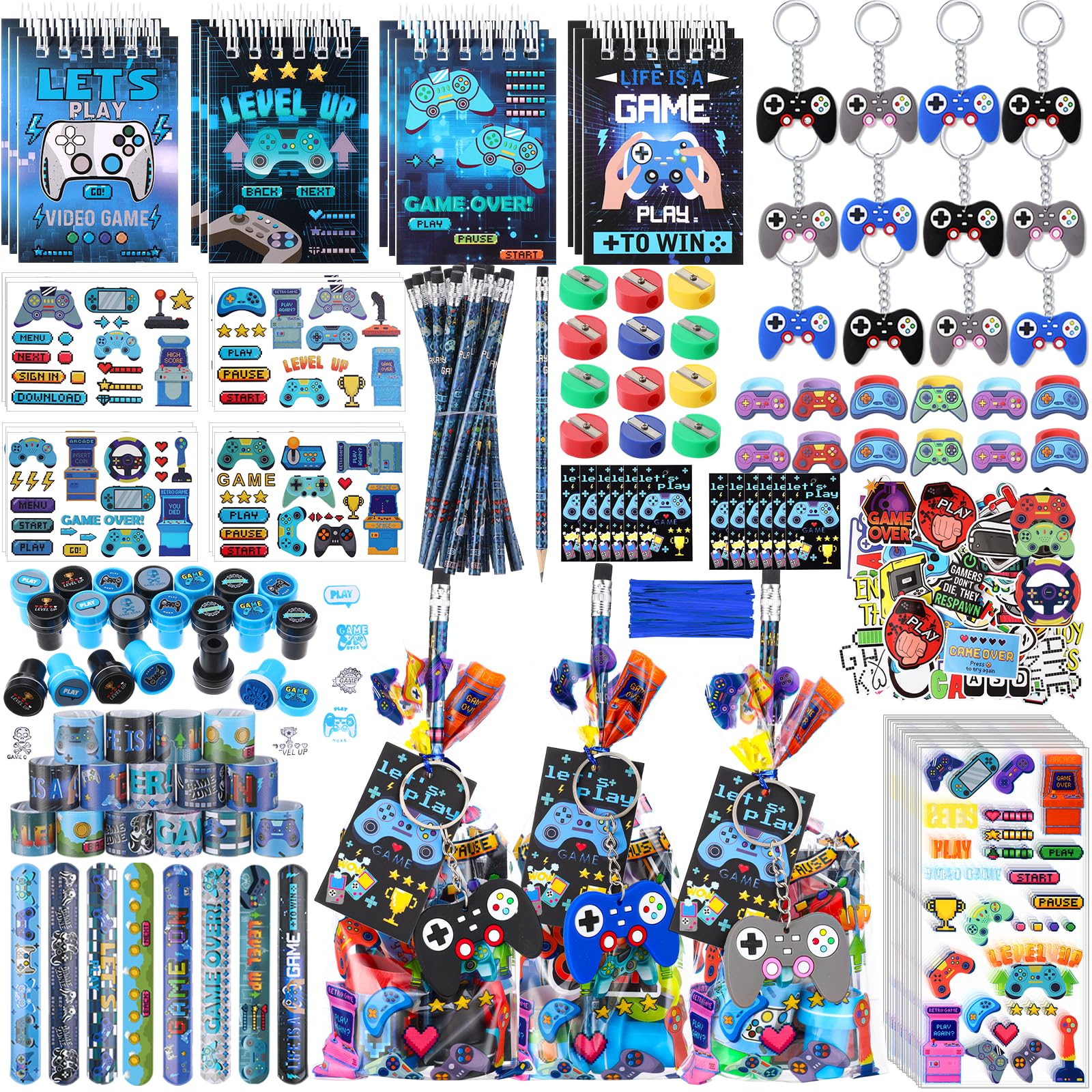 Sayglossy 171 Pcs Cool Video Game Party Favors Set Includes Gift Bags Pencils Notebook Sharpener Slap Bracelets Rings Keychains Tattoo Gaming Stickers