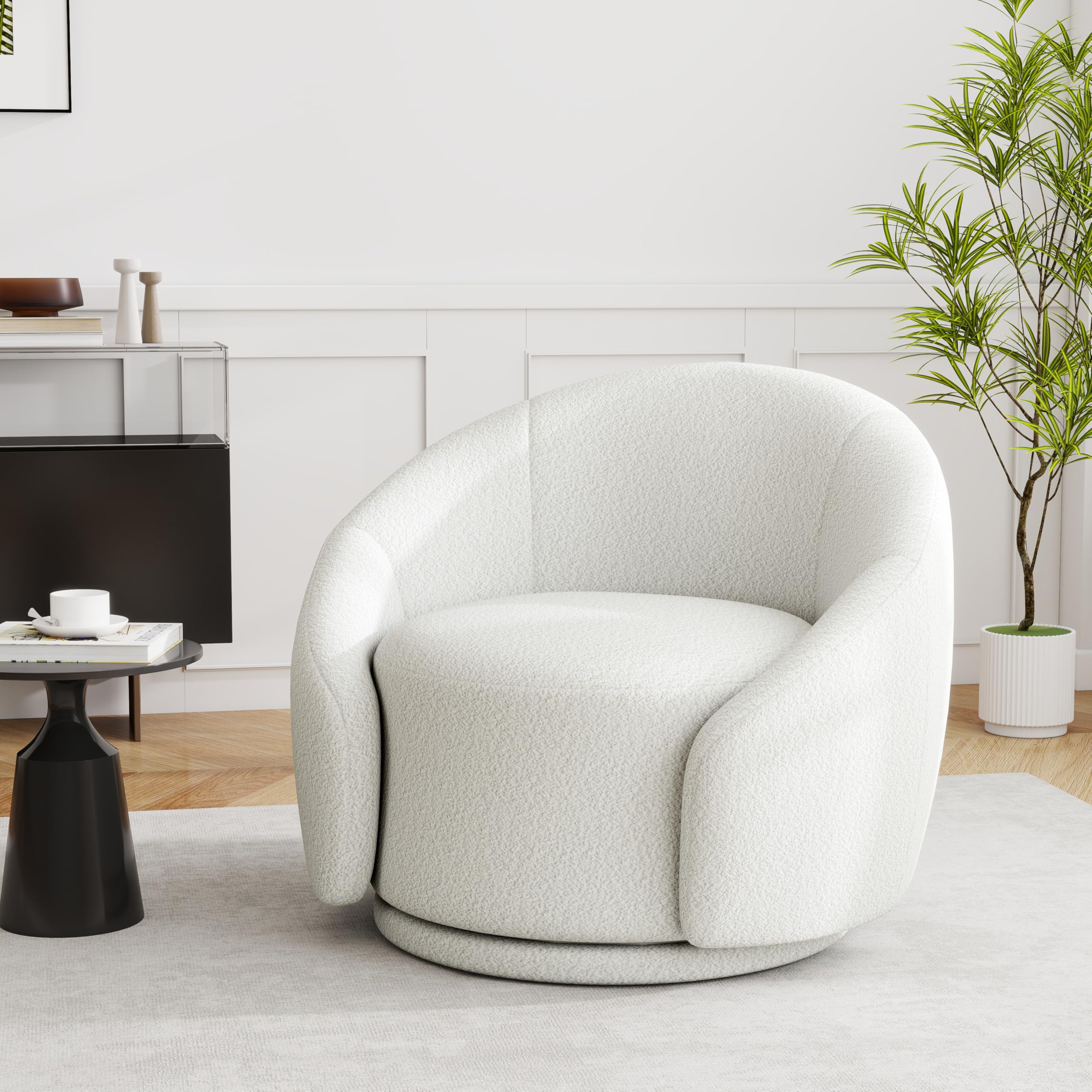 UIXE Swivel Accent Chair, Boucle Barrel Chair Upholstered Arm Chair for Living Room, Modern Round Club Chair with Turntable Base - White, Set of 1