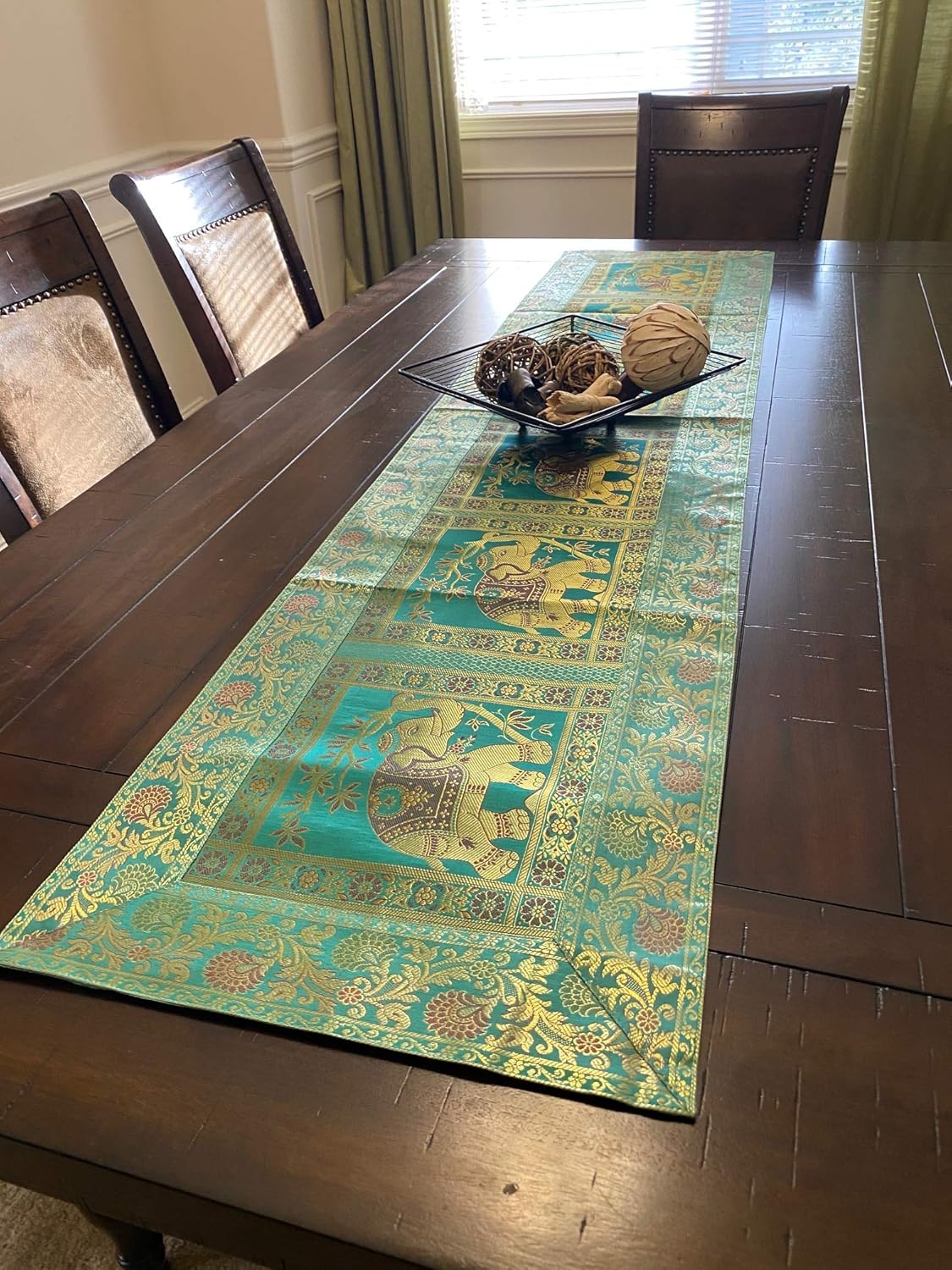 Table Runner Green Wall Tapestry Brocade Runner 16 X 70 Inch Silk Runner Green Turquoise Decor Dancing Elephant Gift for Host Home Decor Gift (Green)