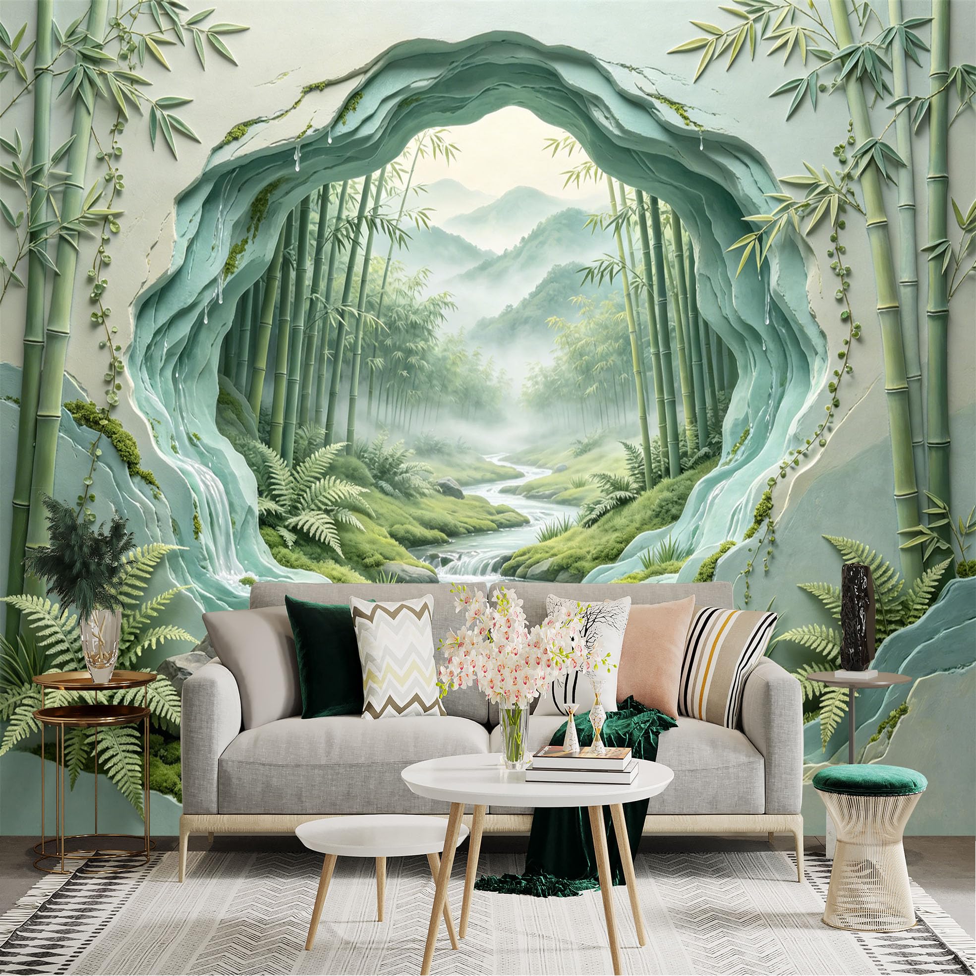 Custom Size Wall Sticker Mural， Bamboo Forest with Waterfall， Stream and Mountain Mist， for wall Decoration， peelandstick wall Decals.