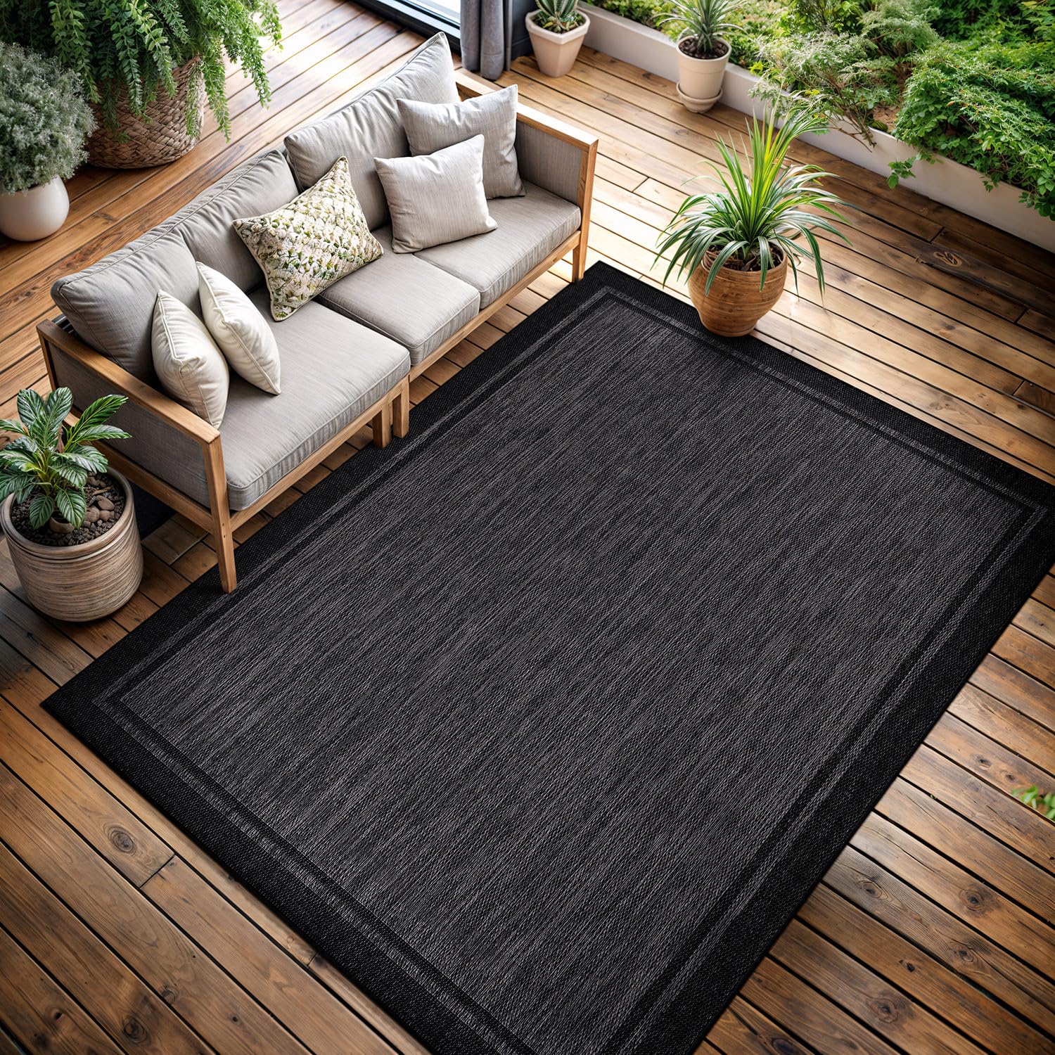 CAMILSON Indoor Outdoor Rug 9x12 Bordered Dark Grey Black Modern Large Area Rugs for Indoor and Outdoor Patios