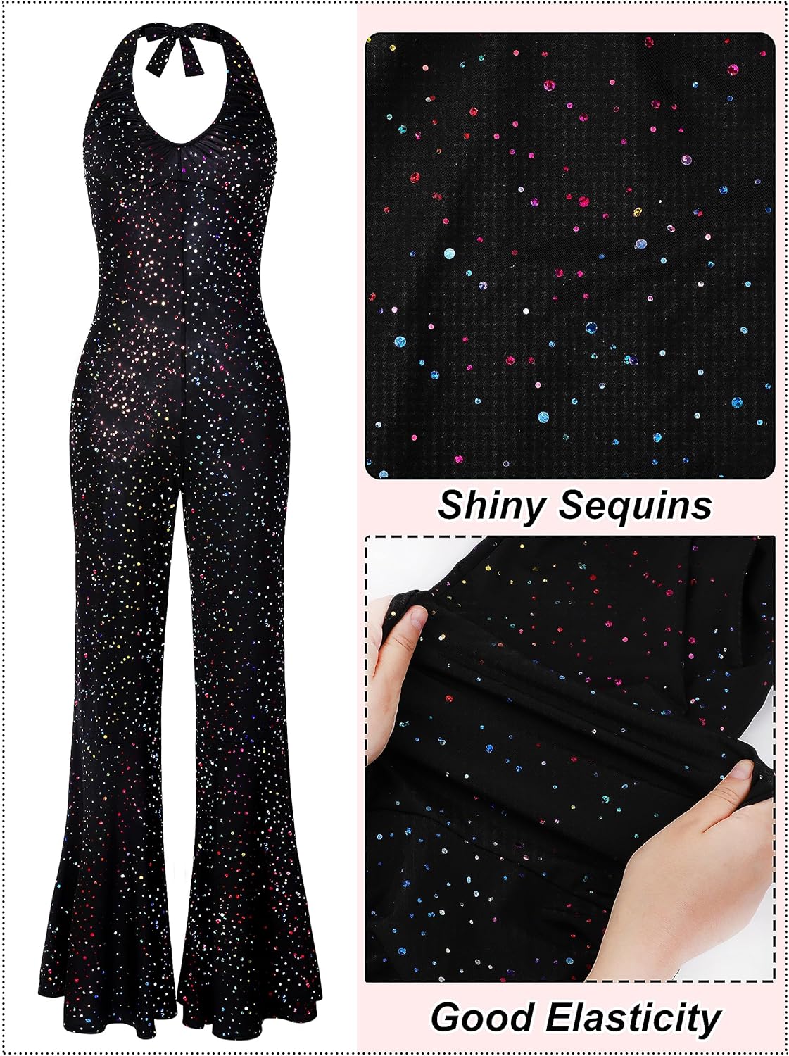 SOMSOC 70s Disco Jumpsuit Costumes Women Fashion Disco Accessories for Halloween Necklace Earrings Bracelet Glasses Belt