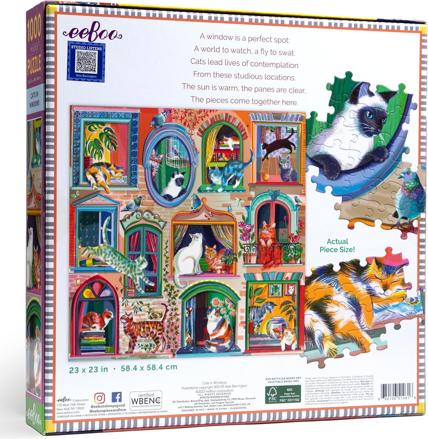 eeBoo 1000 Piece Puzzle - Cats in Window Jigsaw Puzzle for Adults, Square 23" x 23" Made with Recycled Board & Vegetable-Based Ink