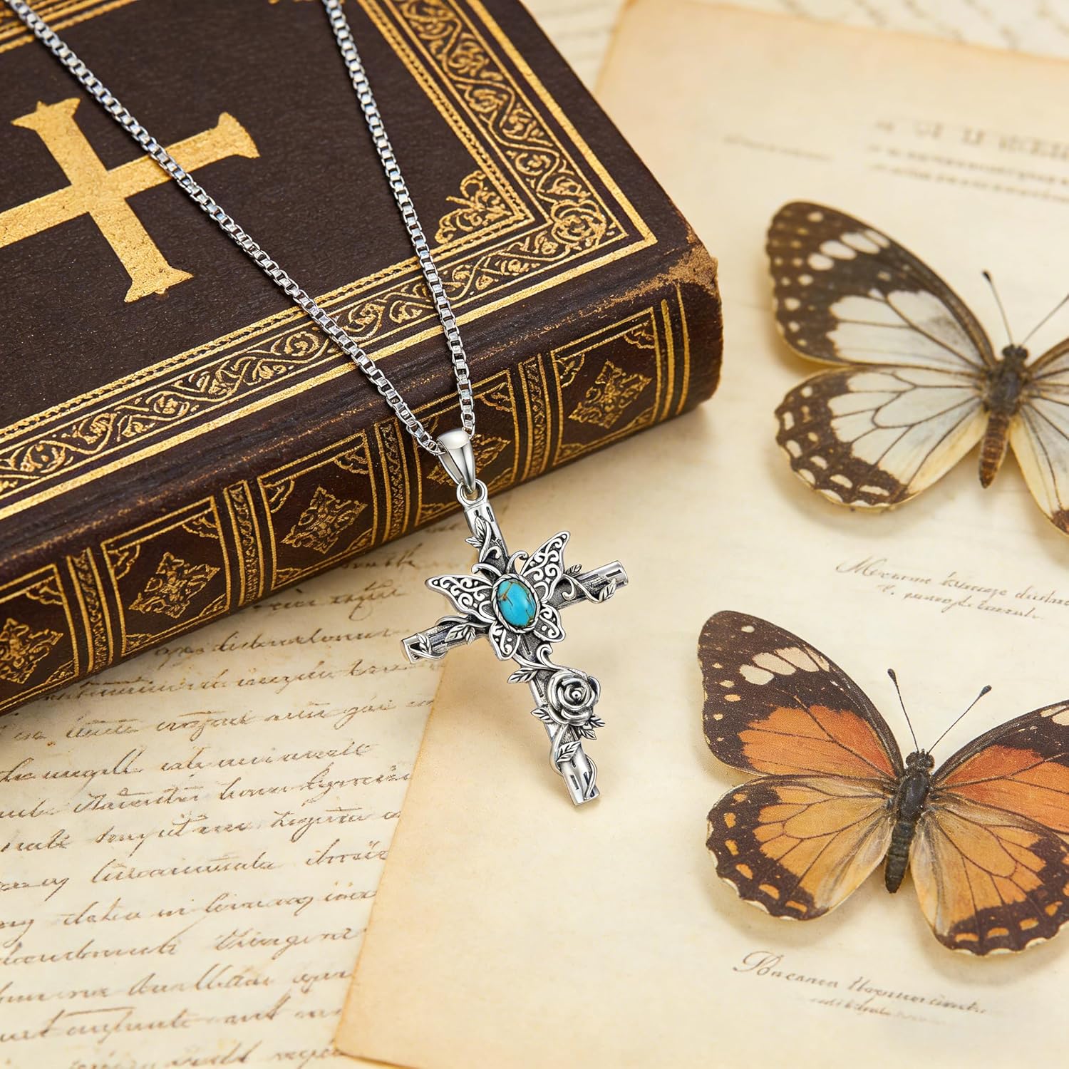 Genuine Turquoise Cross Necklace S925 Sterling Silver Natural Turquoise Gemstone December Birthstone Jewelry for Women Girlfriend Lover - Image 3