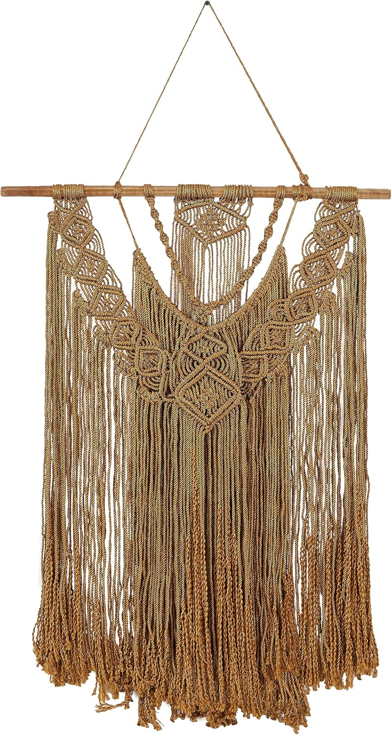 Deco 79 Fabric Macrame Handmade Intricately Weaved Wall Decor with Beaded Fringe Tassels, 27" x 1" x 49", Brown Brown 26.5"L x 1"W