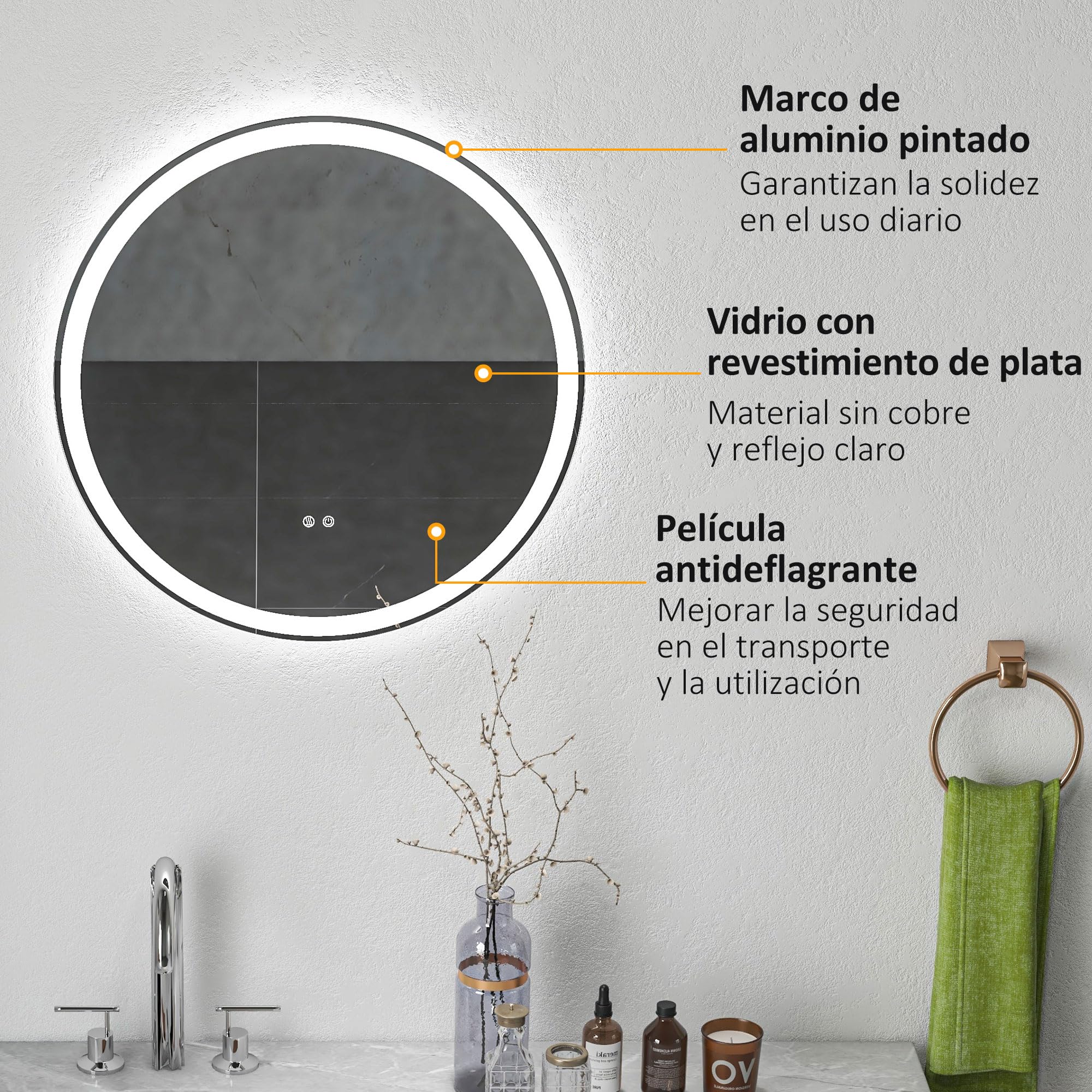 kleankin Espejo de Baño con Luces LED Ajustable Antivaho Ø60 cm Plata | Espejo para Baño Redondo, Función de Memoria, Interruptor Táctil, para Salón Entrada