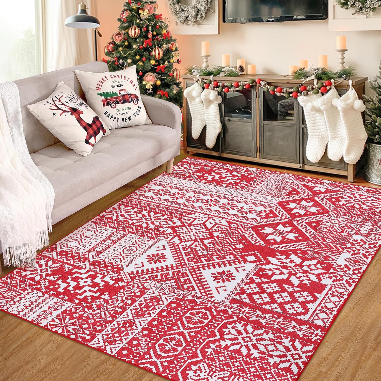 RUGSREAL Red Boho Area Rug Christmas Snowflake Area Rug Non