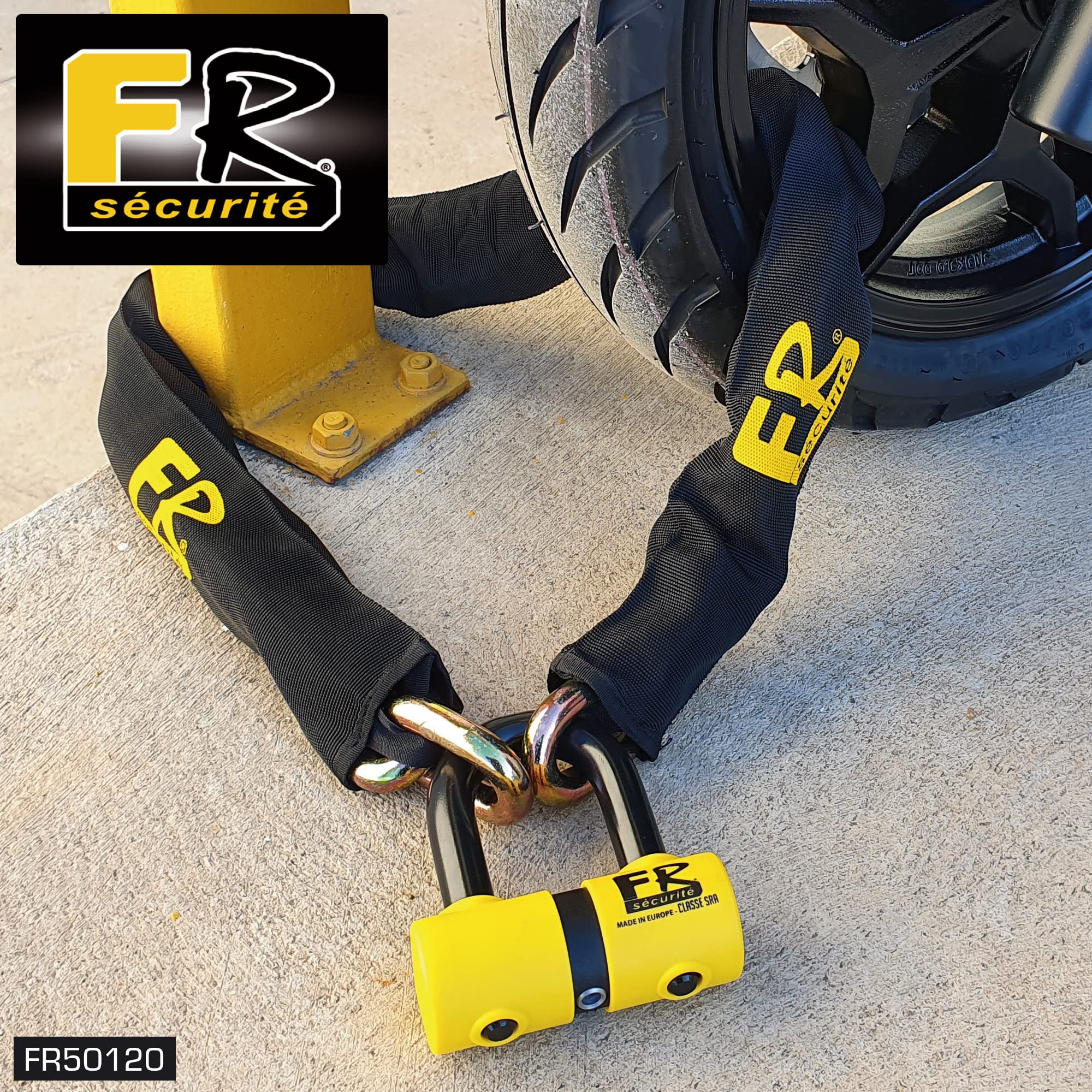 FR SECURITE FR50150 Cadena Alta Seguridad Antirrobo Moto + Candado Moto Disco Mini U ø13.5, 150cm Homologado Classe Sra, Robusto Antirobo Vesátil para Motocicleta, Scooter, Bici, Anclaje, Parking