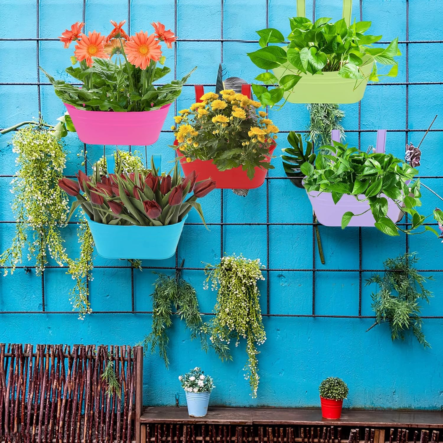 5 Pcs Hanging Flower Pot, Metal Iron Bucket Fence Hanging Planters for Outdoor Plants, Planter Box with Detachable Hooks for Railing Balcony Garden Yard