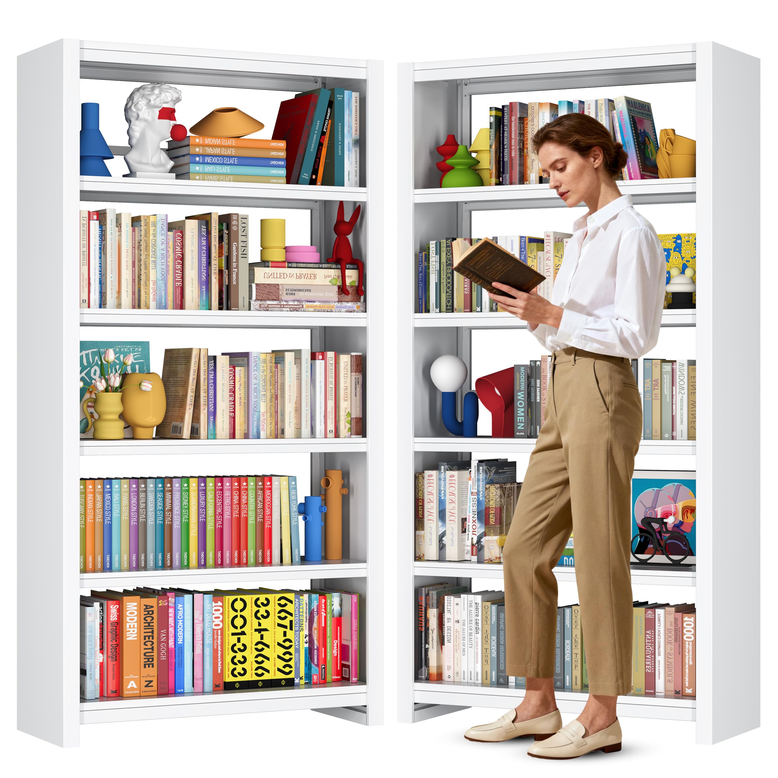 - Book Shelf 69" H, 5-Tier Metal Shelving, Modern White Bookcase, Wide Bookshelf for Bedroom, Livingroom, Home Office, Library, Screw-Free Installation