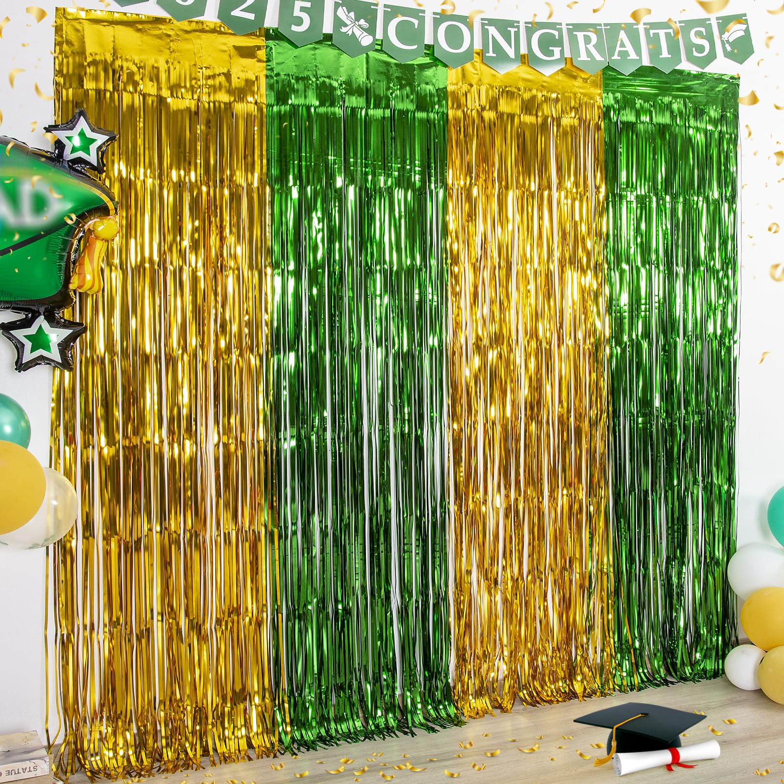 LOLStar 2 Pack Green and Gold 2025 Graduation Party Decorations, 3.3x6.6 ft Foil Fringe Curtains, Graduation Photo Booth Props Tinsel Backdrop Streamer for High School College University Party