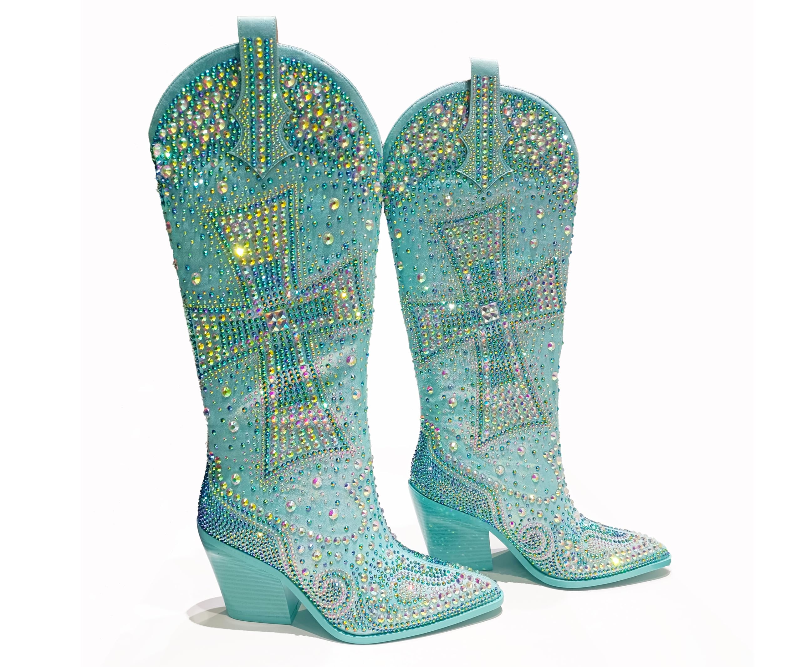 Womens Fashion Rhinestone Cross Western Knee-High Cowboy Boots - Faux Leather 9CM Chunky Heel Pointed Toe