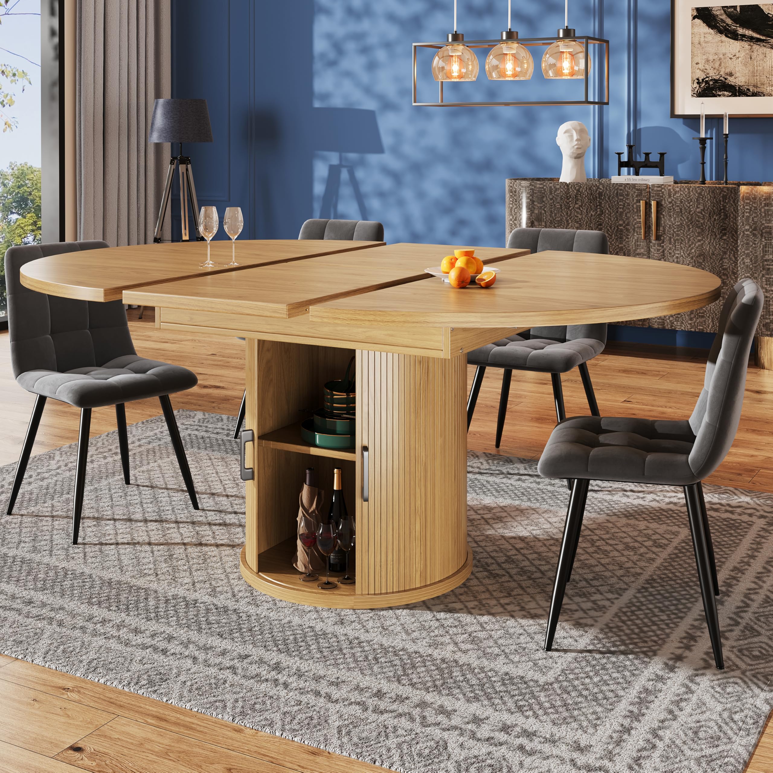 Esstisch ausziehbar, Esszimmertisch, Küchentisch, ausziehbare Tischplatte Runder Esstisch, ausziehbar zu oval, 118-158 cm, Platz für bis zu 6 Personen (Holzfarbe)