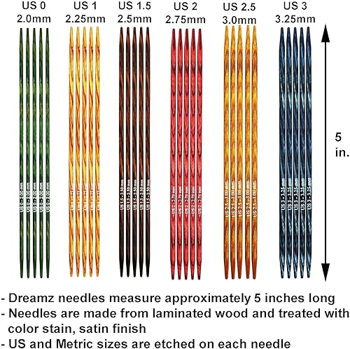 Miniatura 3 de Knitter's Pride Dreamz 200604 - Juego de 5 agujas de tejer de doble punta DPN de 5 pulgadas (5 unidades), paquete de 5 de 6 tamaños con 1 bolsa para