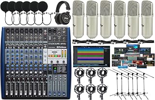 StudioLive AR12c 14-Channel Hybrid Mixer and Audio Interface with Effects with 6x LP Professional Condenser Recording Microphones Sets, XLR Cables, Shock Mounts & Mic Stands & Headphones