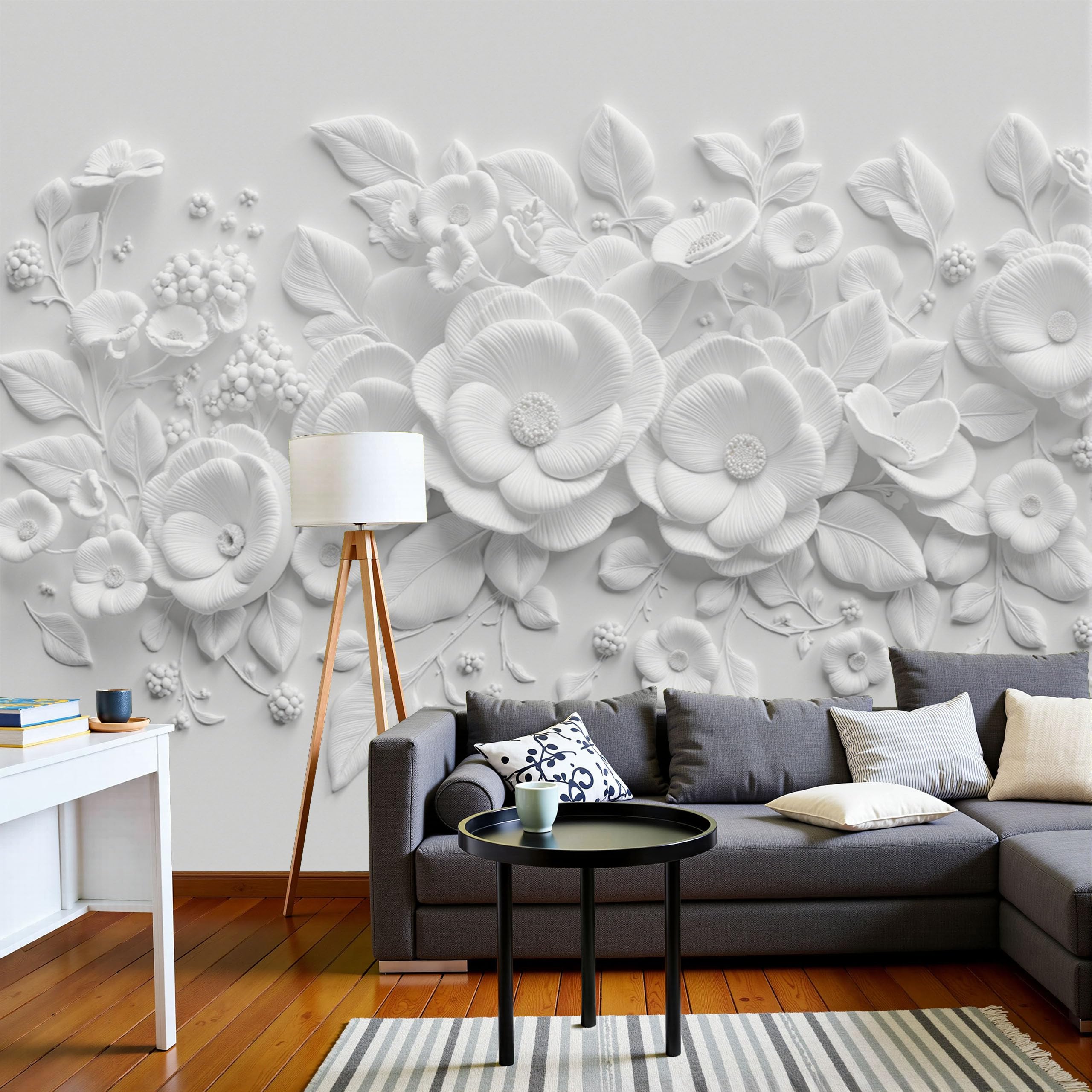 Papier peint panoramique soie fleurs 3D blanc haut de gamme pour salon