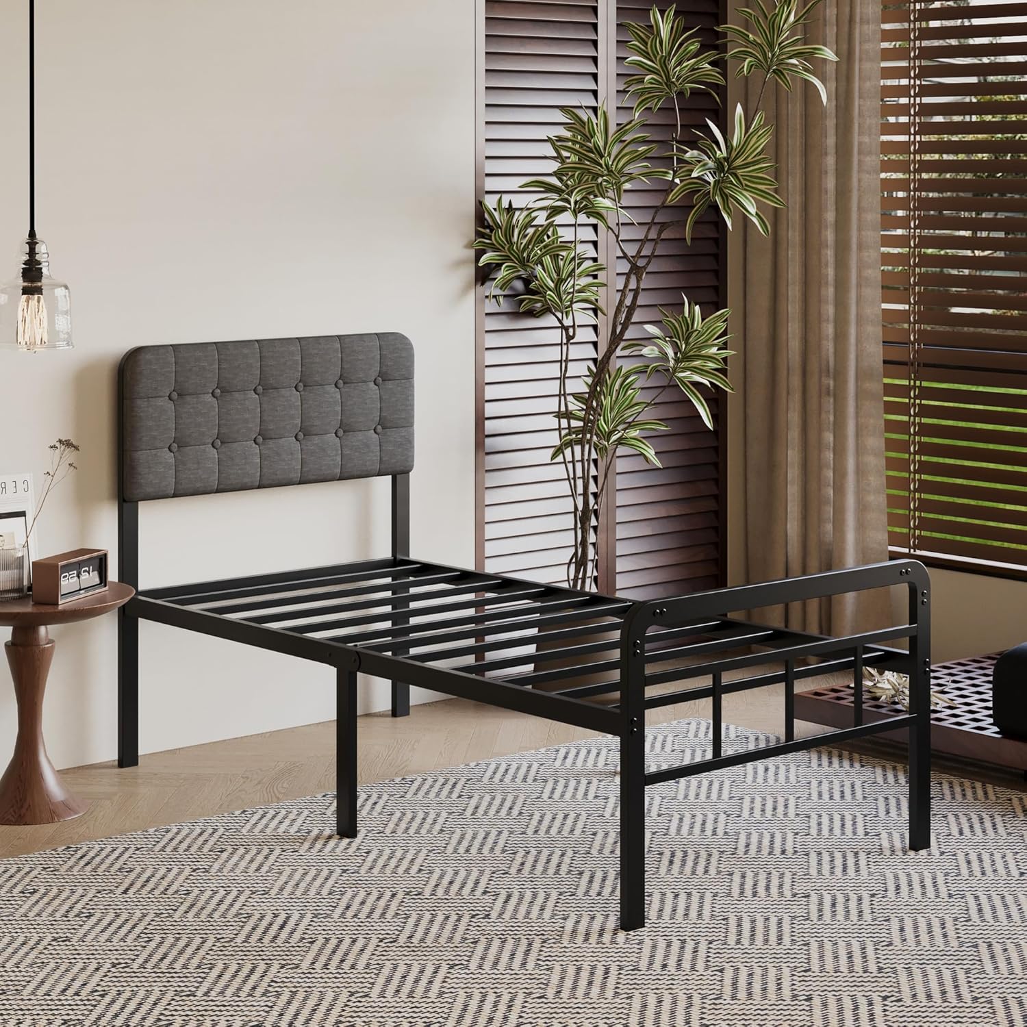 18 Inch Twin XL Bed Frame with Upholstered Headboard and Footboard, Heavy Duty Metal Slats, with Under Bed Storage, No Noise, No Box Spring Needed, Easy Assembly, Black