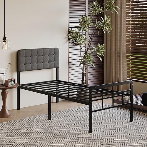 Miniatura 6 de Base de cama individual XL de 18 pulgadas con cabecero tapizado y estribo, listones de metal resistente, con almacenamiento debajo de la cama, sin