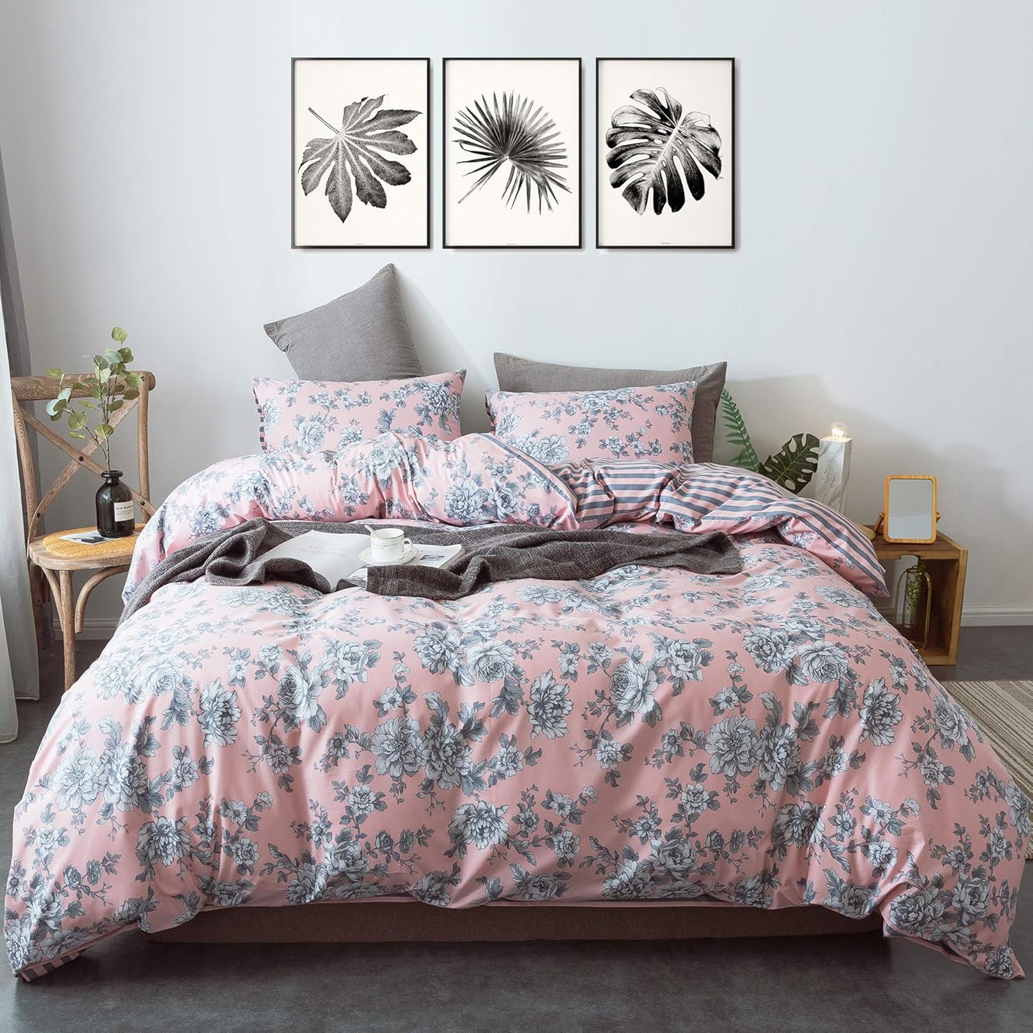 3-Piece Cotton Duvet Cover Set. 100% Cotton Percale Fabric. Real Reversible Design. Pre-Washed Printed Fabrics. Soft and Easy Care. Modern Farmhouse Style. (Pink, Queen Set)
