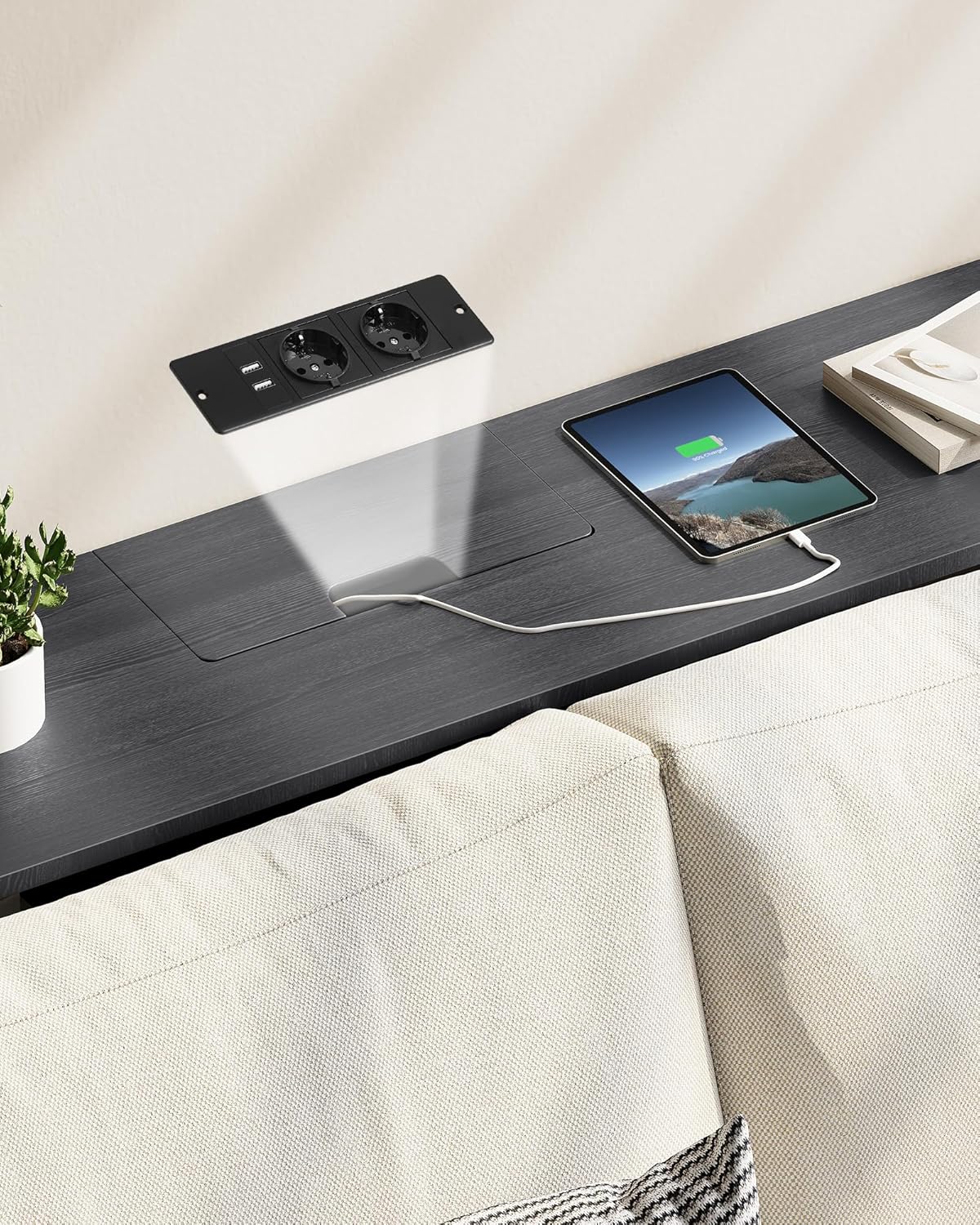 Primer pla view of the hidden power strip compartment on the VASAGLE LNT111B01 Console Table.