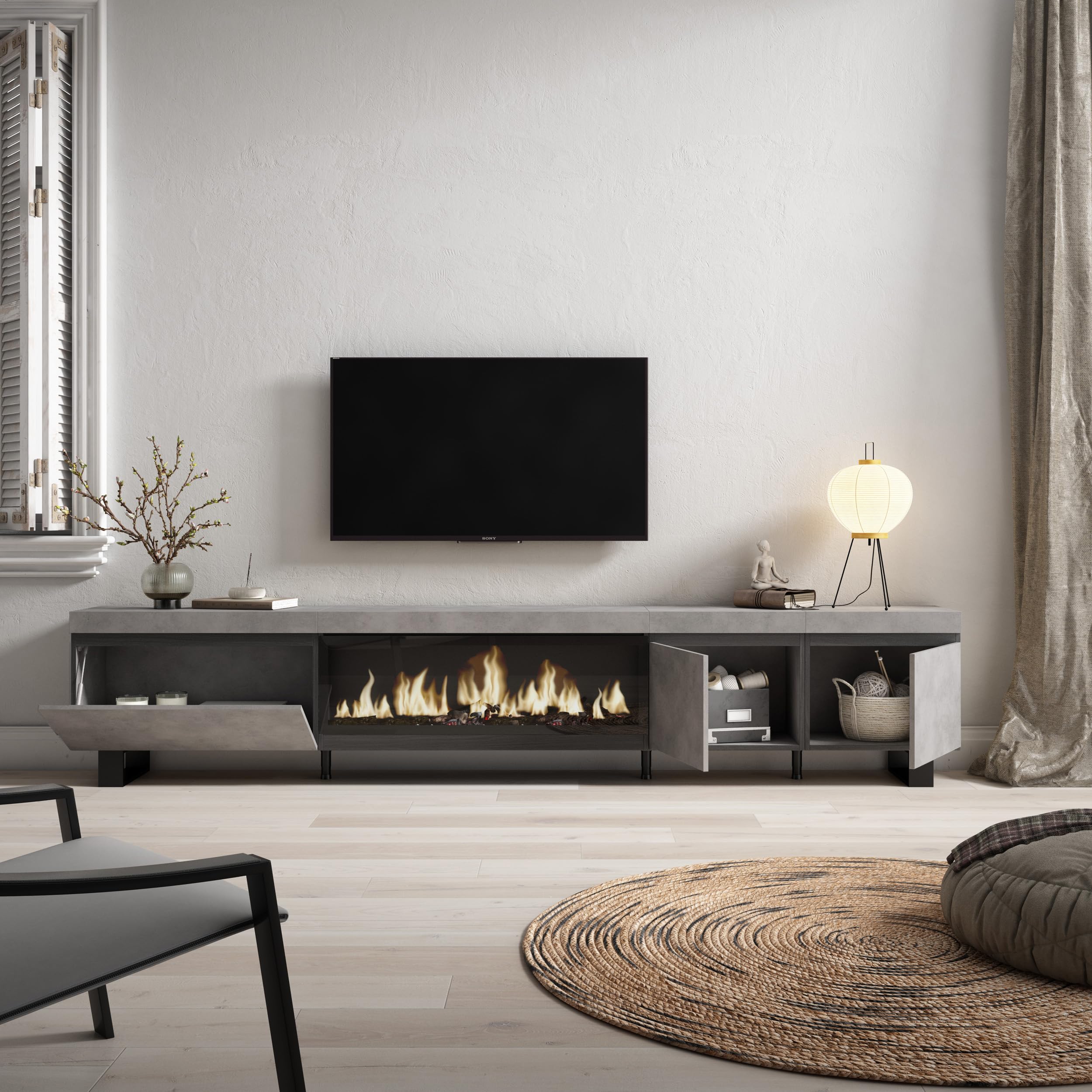 Skraut Home | Mueble TV | Televisión | Muebles de salón, almacenaje | 288x57x35 cm | para TV Gran Formato | Chimenea eléctrica XXL | Diseño Industrial | Estilo Moderno | Cemento