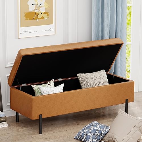 Miniatura 3 de Banco de almacenamiento de piel sintética copetudo, banco otomano tapizado con almacenamiento para dormitorio, sala de estar, entrada, banco