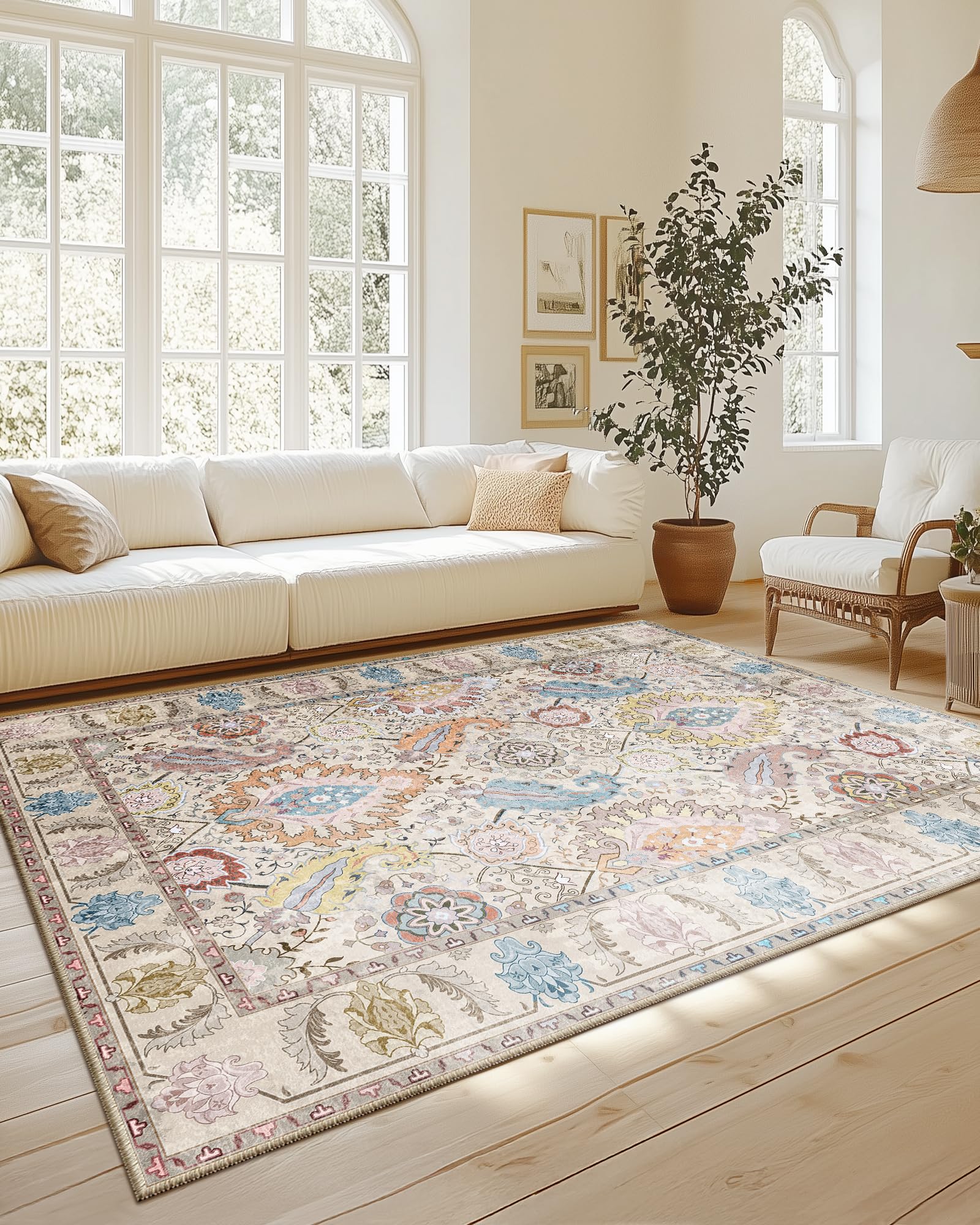 Boho 8x10 Area Rugs Machine Washable Carpet Low Pile Non Shedding Doormat Soft Area Rugs for Living Room Bedroom Kitchen Dining Room Entryway Hallway Indoor-Cream/Multi