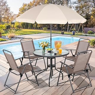 Vongrasig 6-Piece Folding Patio Dining Set with Umbrella - All-Weather Metal Glass Table & 4 Breathable Chairs for Garden, Lawn, Backyard - Brown