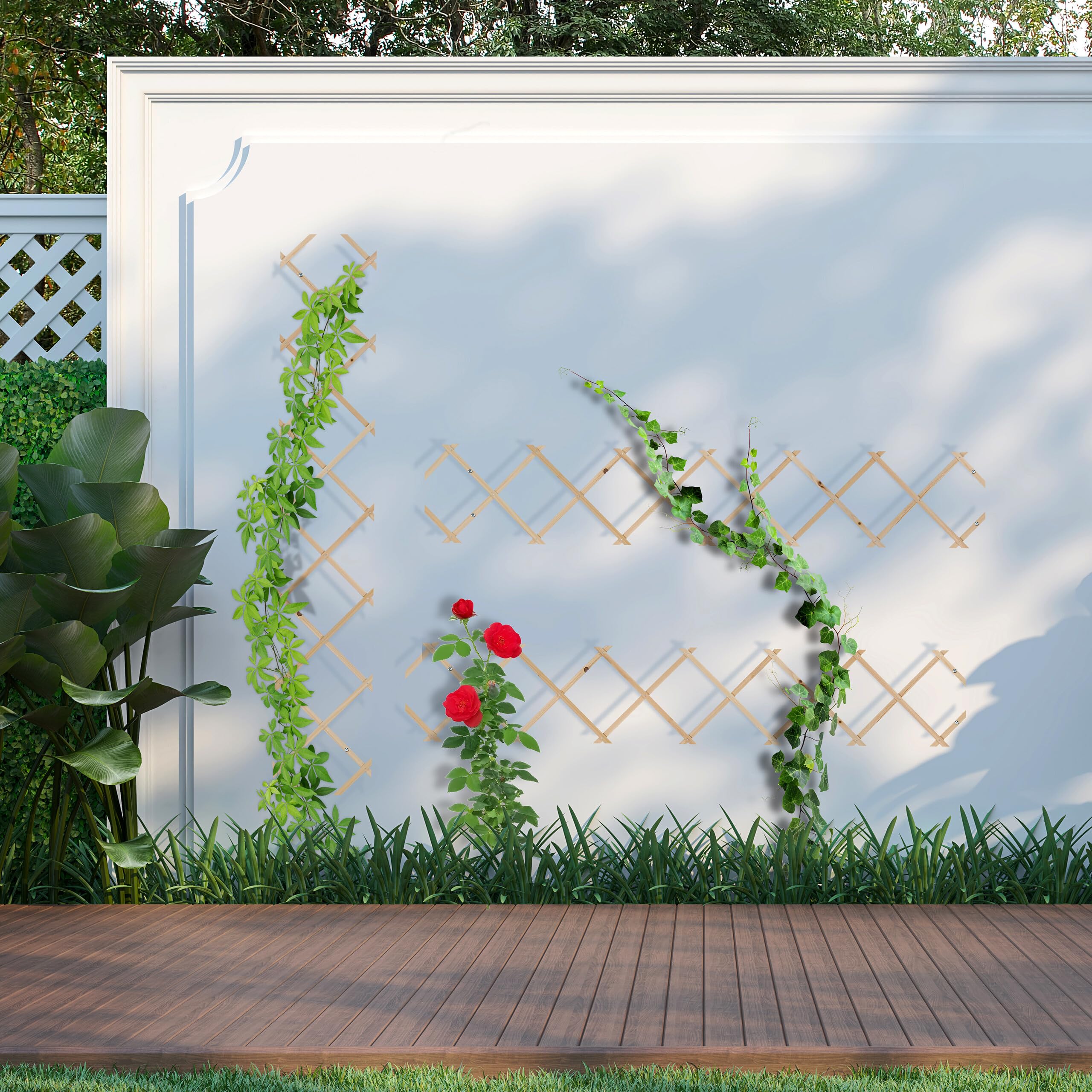 Relaxdays Grigliato in Legno per Rampicanti, 180x30 cm, Set 3 Tralicci Allungabili Piante da Giardino, Balcone, Naturale
