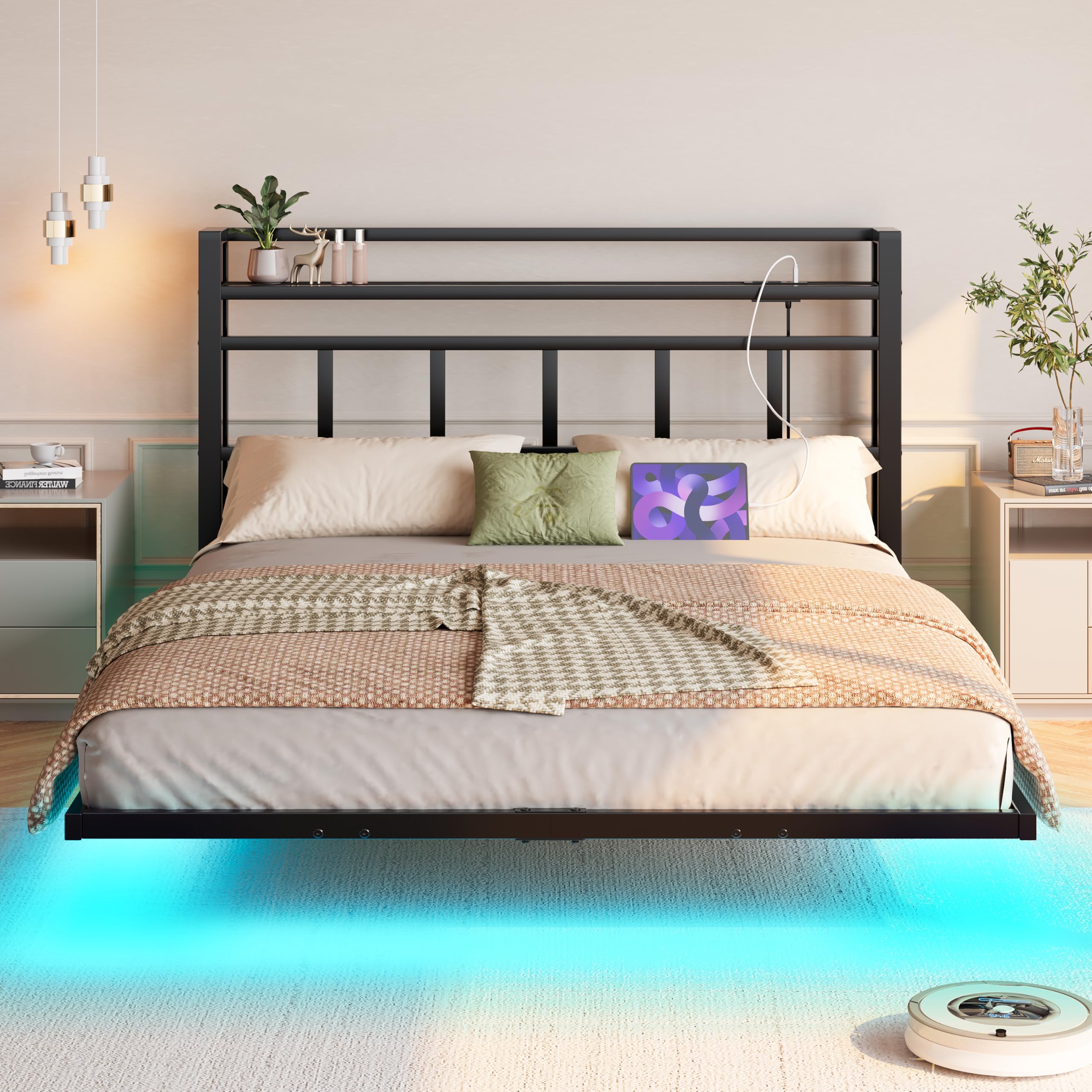 MUZERUL King Floating Bed Frame 5ft,Metal Platform Bed with LED and Charging Station,Heavy Duty King Size Bed Frames with Storage Headboard,No Box Spring Needed,Noise Free,Black,150x200cm