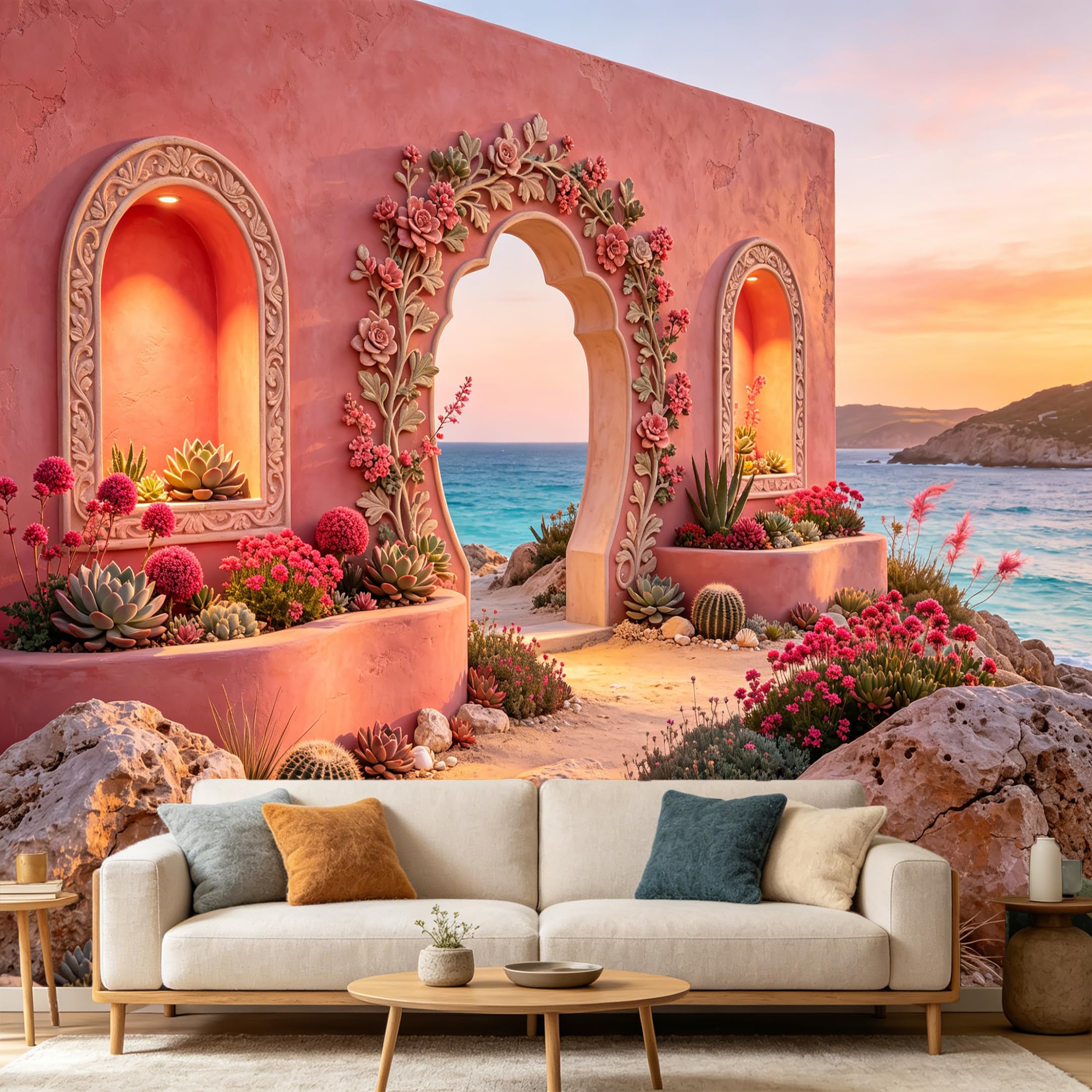 Custom Size Wall Mural， 3D Pink Mediterranean Archway Ocean View Botanical Succulent Flowers， SelfAdhesive Art Prints wall Fabric Removable Large Wallpaper Home Living Room Decor