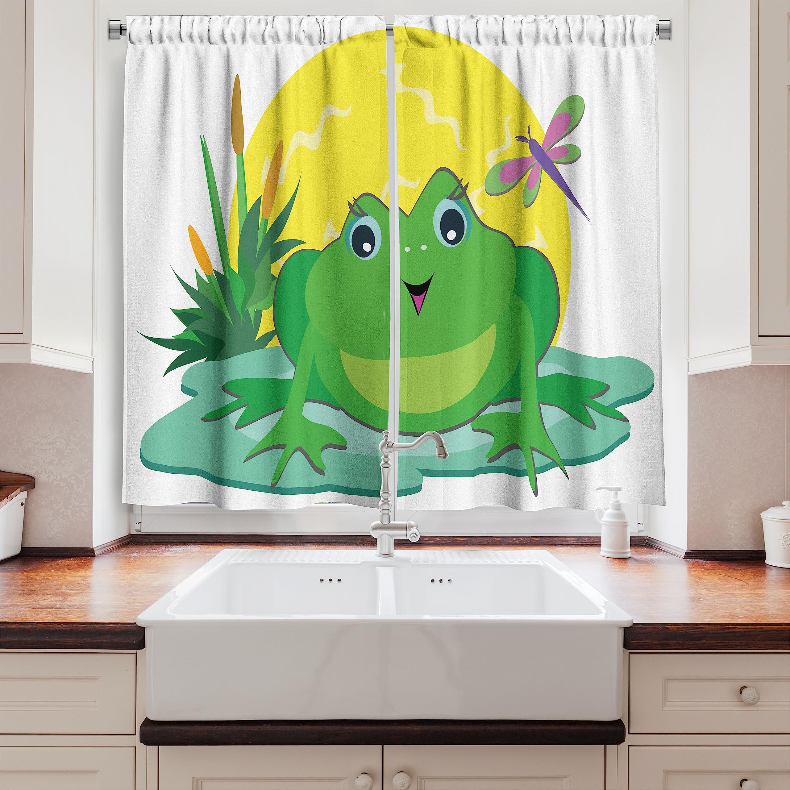 Ambesonne Frogs Long Kitchen Curtains, Cartoon Design of Animal on Water Lily Leaf and Sun, Two Panels Drapes with Rod Pocket Room Decor, 55