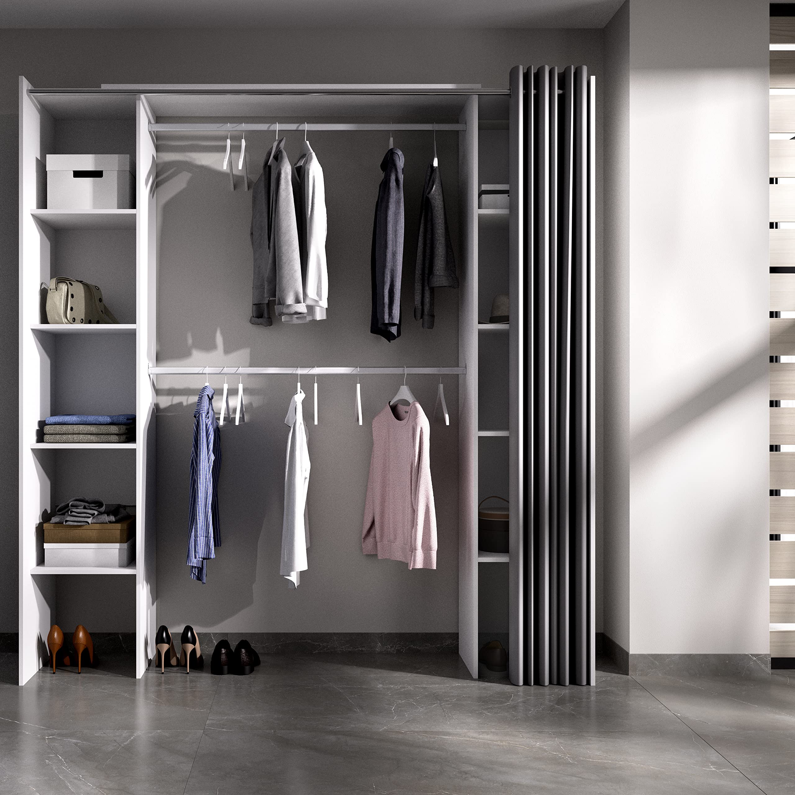 DEKIT GRUPO RIMOBEL SUIT - Cabina armadio aperta con ripiani regolabili e tenda - Bianco - 205 x 50 x 177,5 cm