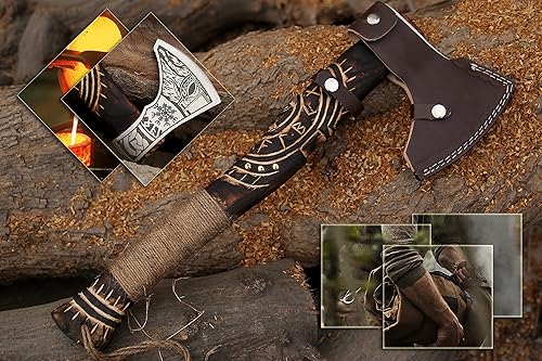 Vista 33 de Hacha vikinga – Hacha de hacha de acero al carbono de alta calidad con funda de cuero, mango de palisandro de 19 pulgadas, hacha pequeña para HACA