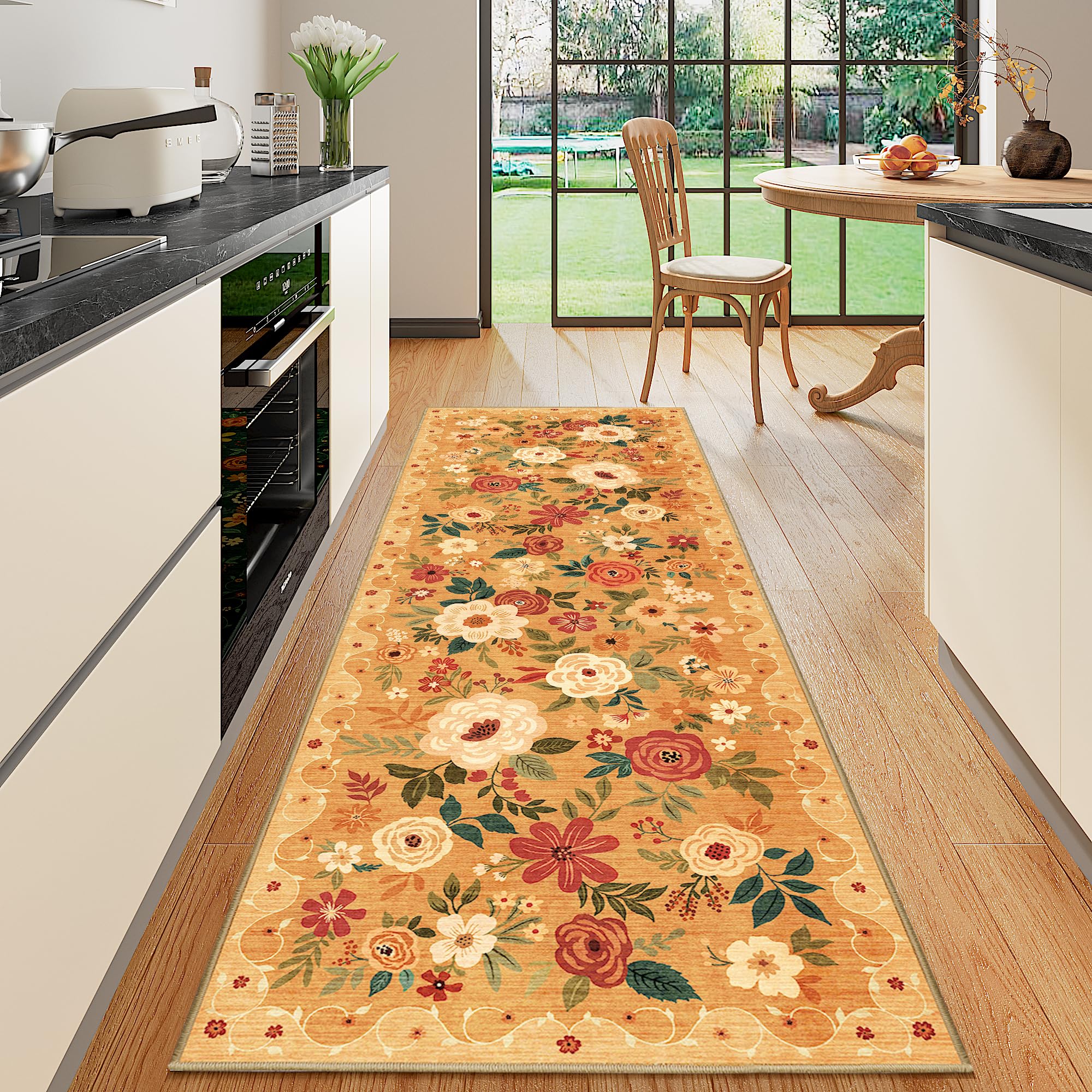 DUKINO 2x6 Runner Rug for Hallway, Washable Kitchen Runner Rug with Non Slip Backing, Low Pile Soft Boho Floral Runner for Kitchen, Hallway, Entryway,