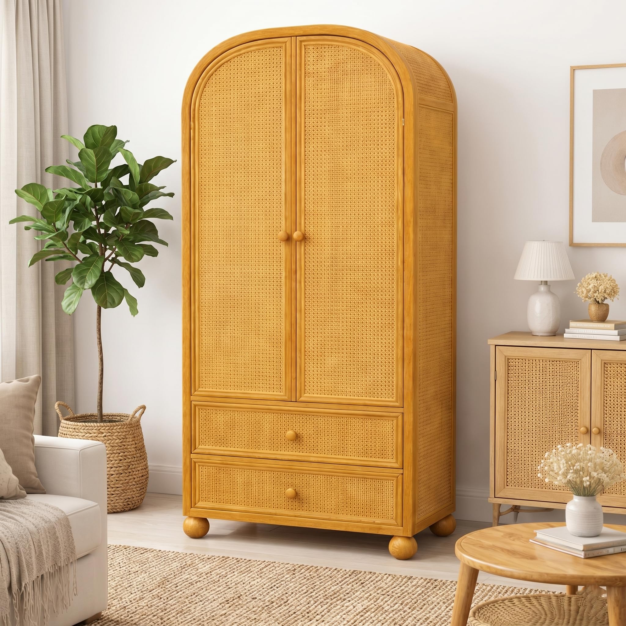 Mango Wood Wardrobe with Drawers Rattan Cane Double Door Wooden Almirah Storage Cabinet Bedroom Organizer Natural Finish-image-20