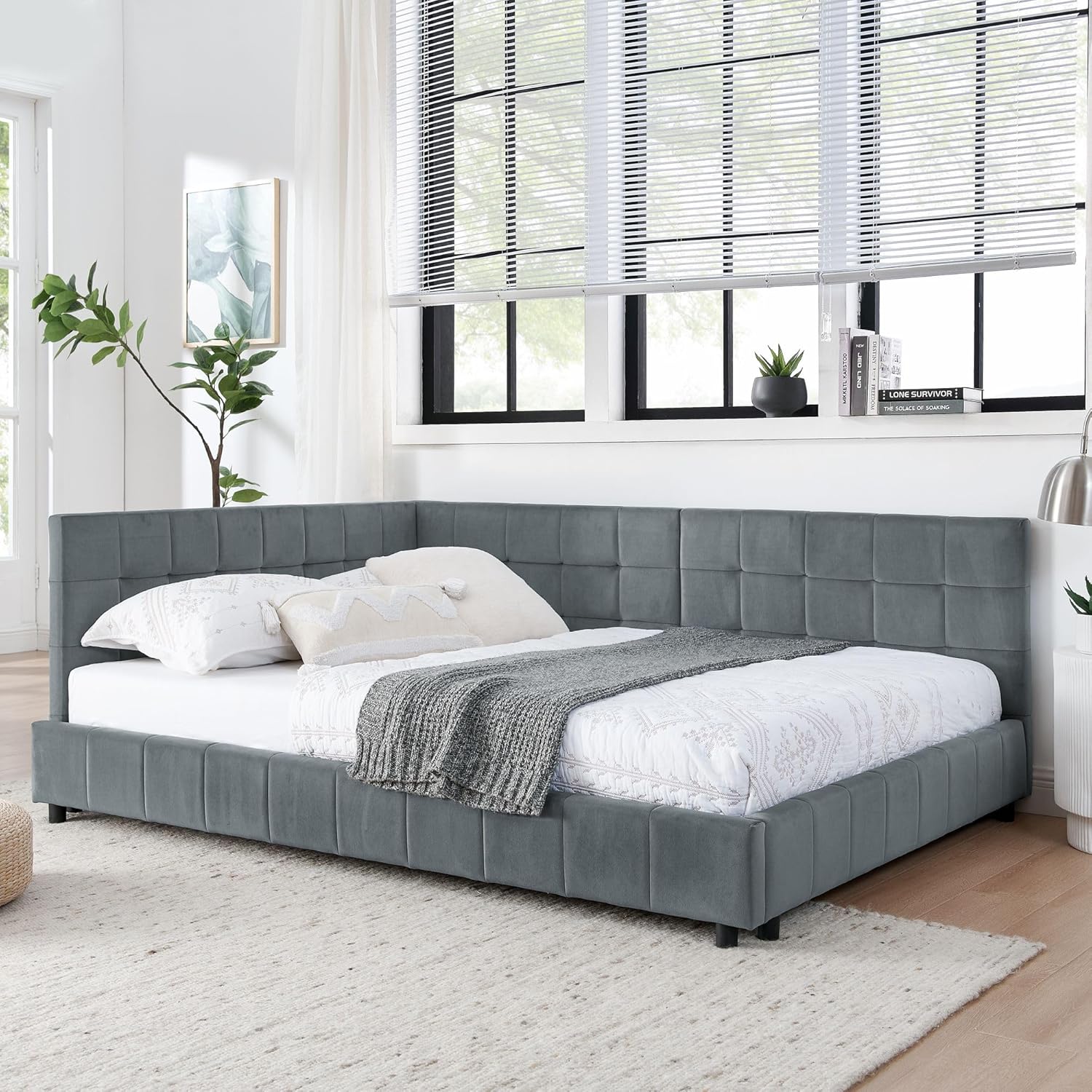 DEINPPA Full L-Shape Corner Bed Frame, Velvet Upholstered Tufted Daybed with Slat, Floor Platform Bed with Soft Headboard for Bedroom Nook, No Box Spring Needed-Grey