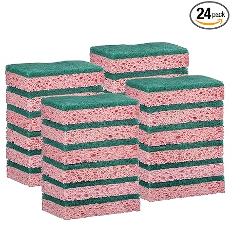 Elite Selection Rectangle Scrub Sponges Non-Scratch Kitchen Sponges Heavy Duty Cellulose Scrubbing Sponges for Kitchens, Bathrooms, Housework, and More - [Pink] - 24 Pack