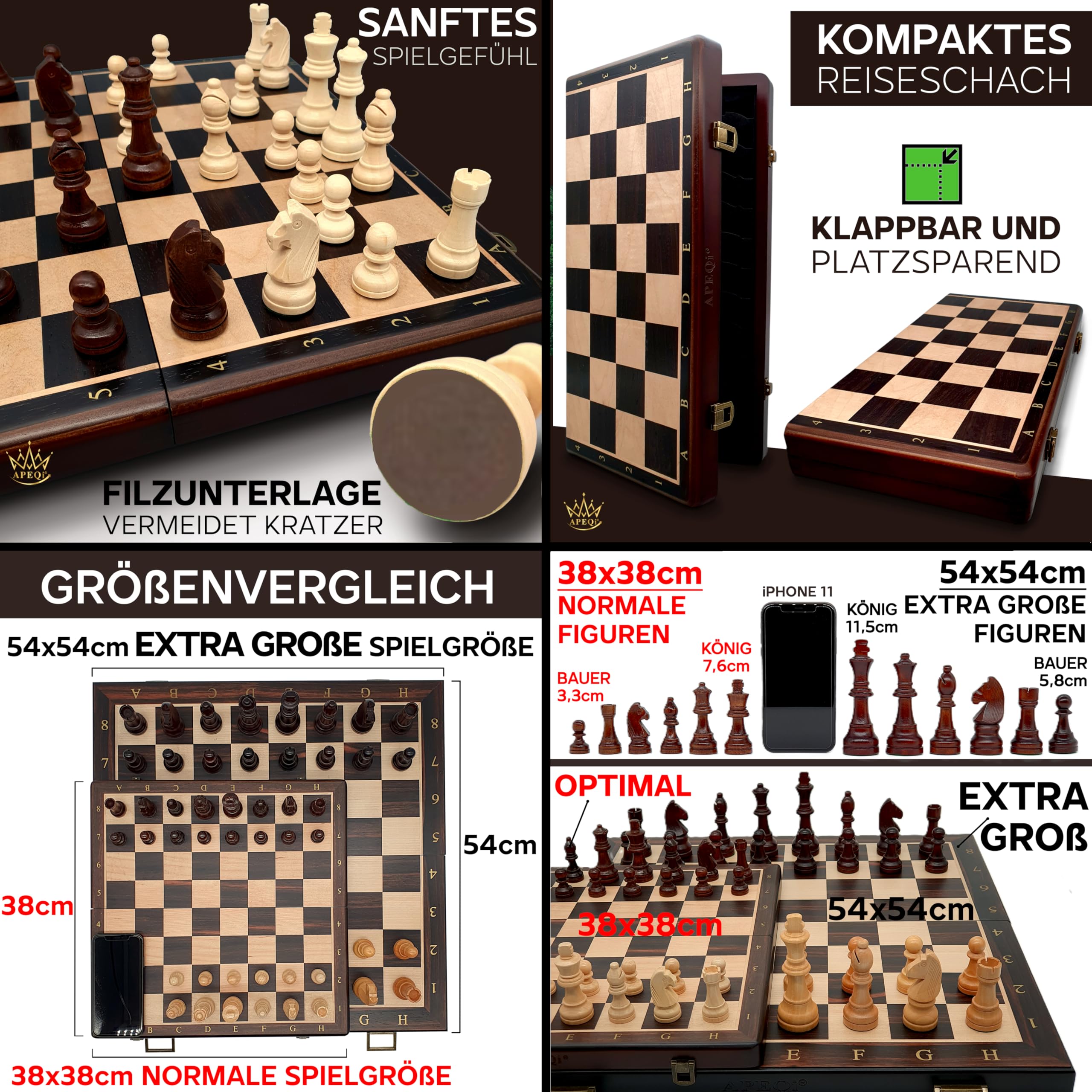 APEQi® Premium Schach MAGNETISCH - Schachspiel Holz HOCHWERTIG - [38x38cm], Massivholz, 2 EXTRA-Damen, Geschenkidee - Schachbrett Holz hochwertig - Chess Board 34 Schachfiguren Reiseschach magnetisch