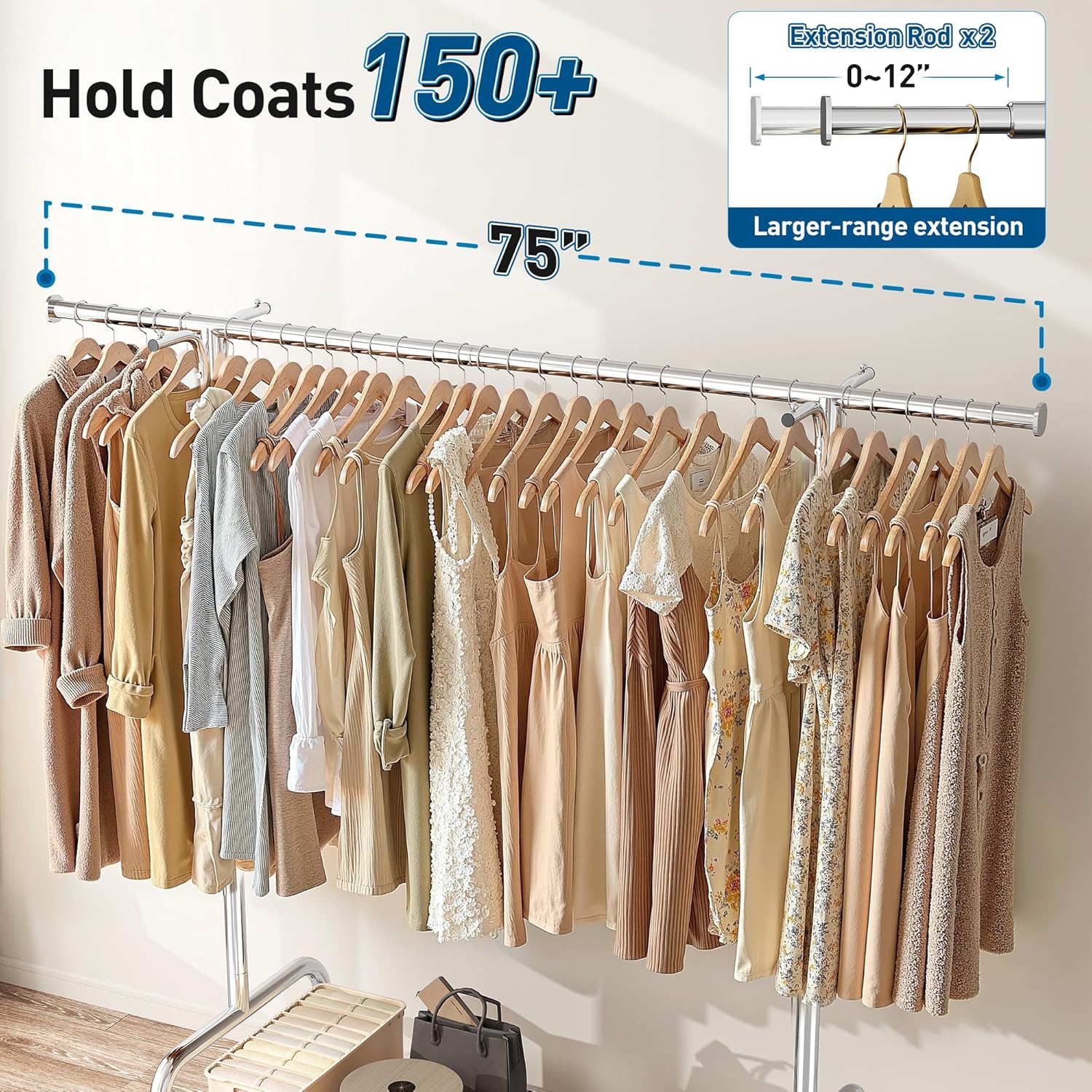 Raybee Heavy Duty Clothes Rack, 75''W Clothing Rack with 4 Hooks & Sturdy Wheels, 450 LBS Capacity, Rolling Garment Rack Holds 150 Clothes, for Bedroom/Laundry/Commercial Use, Silver