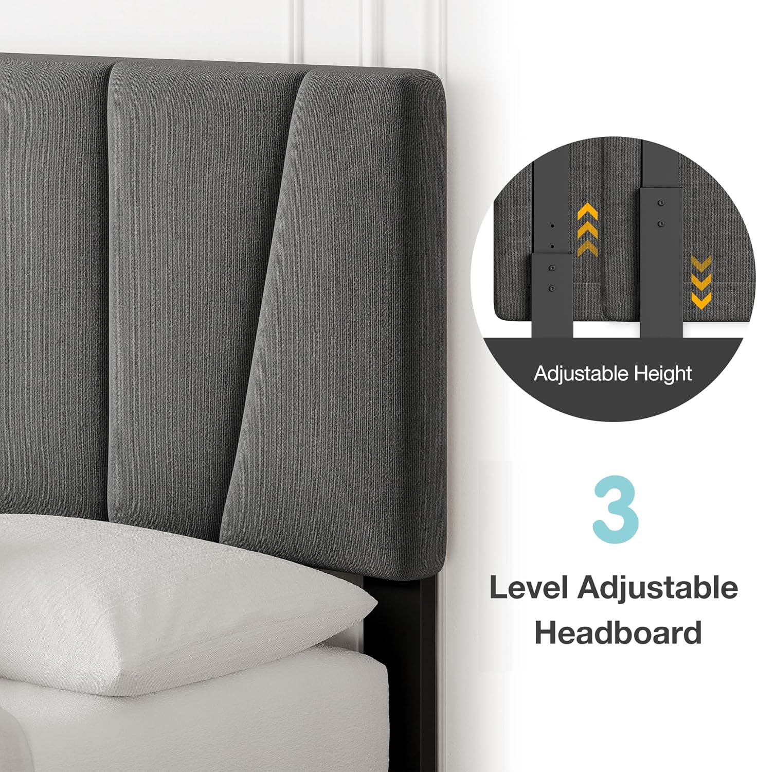 King Size Bed Frame with Adjustable Headboard, Linen Upholstered Platform Bed Frame with Strong Wooden Slats Support, No Box Spring Needed, Noise-Free & Easy Assembly, Dark Grey