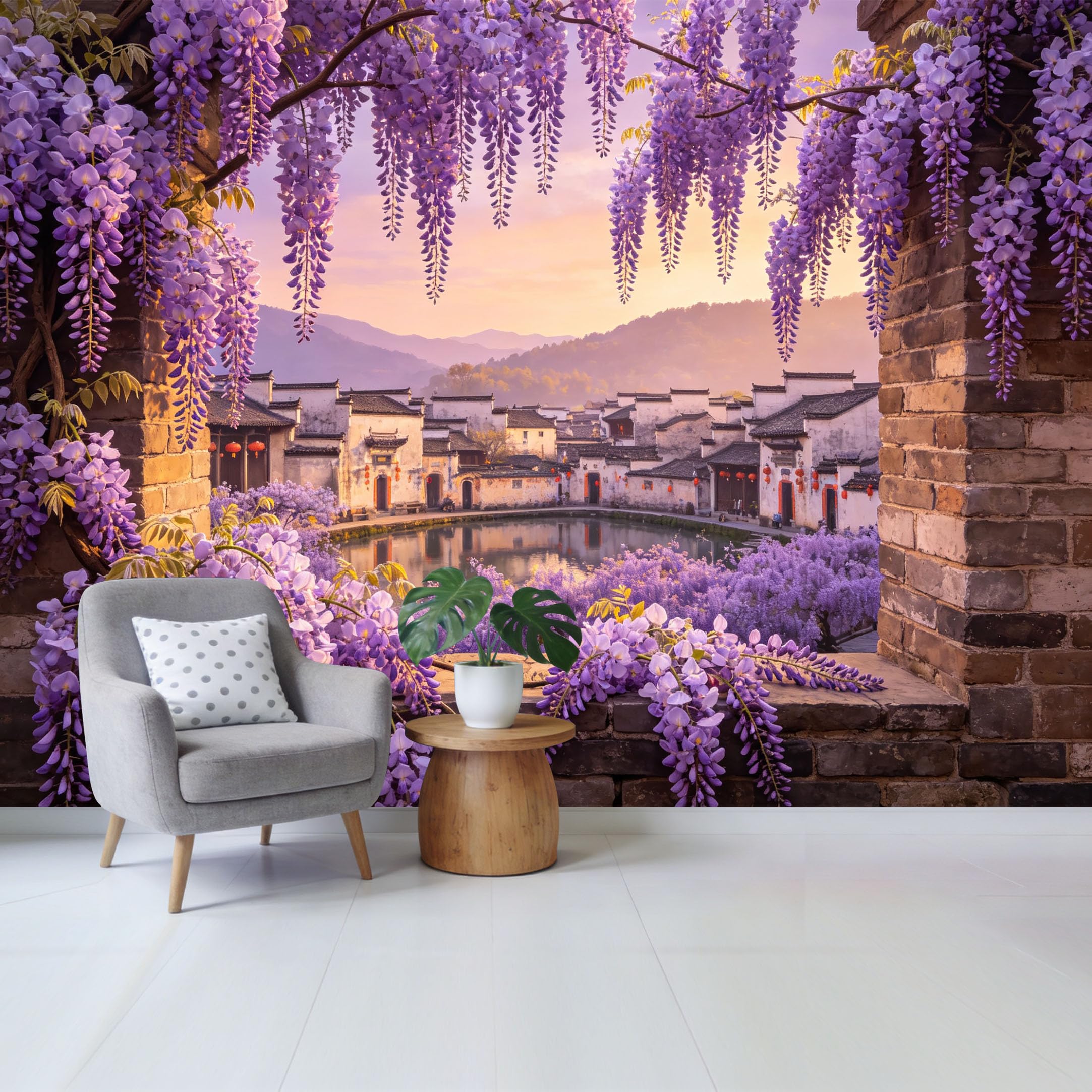 Qzlithotic Yq2605250633 Custom Size Wall Mural Purple Wisteria Flowers Oriental Ancient Village Lake Landscape Watercolor Selfadhesive Wall Fabric Removable Wallpaper For Home Office Decor