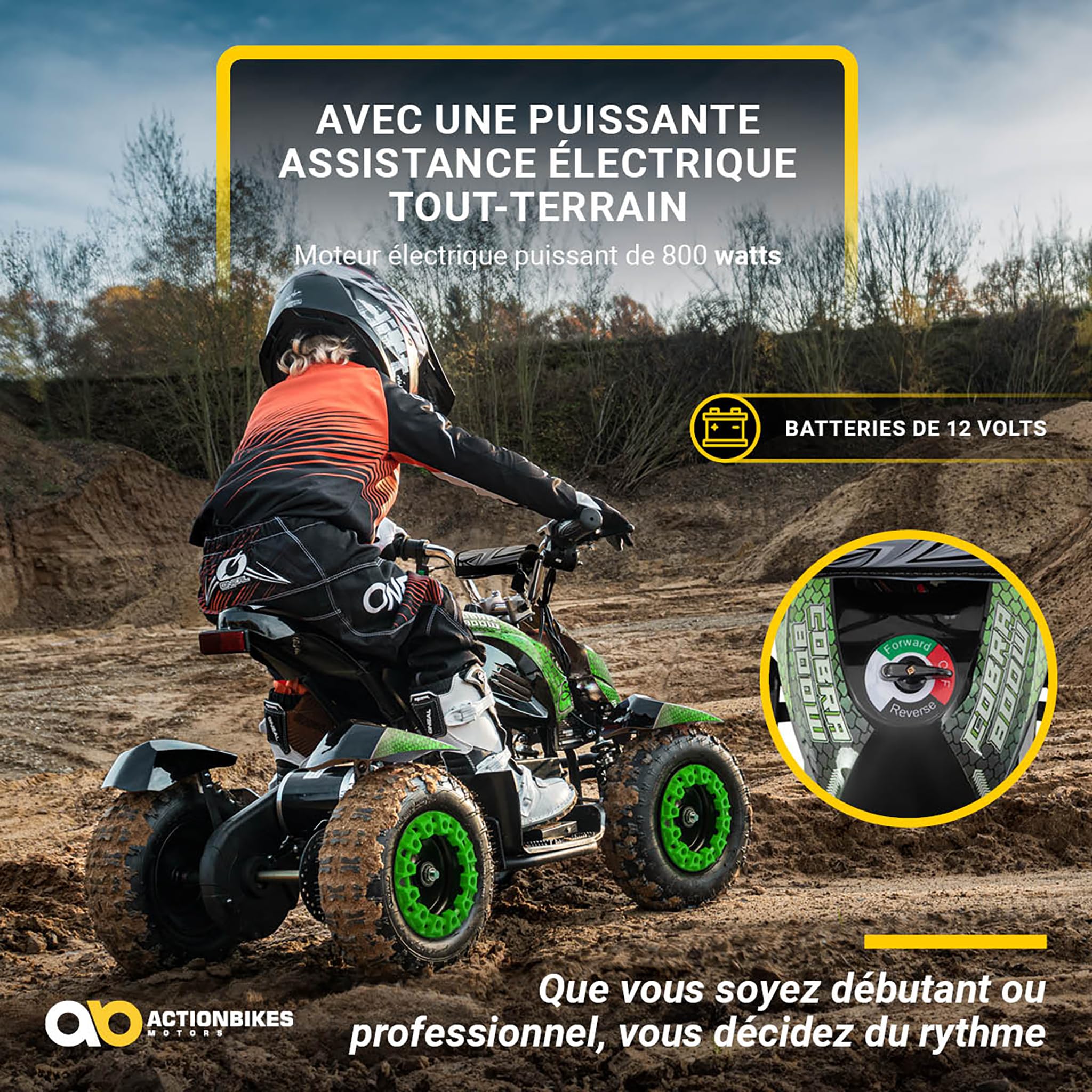 Actionbikes Motors Quad électrique Enfant ATV Cobra | 36 Volts 800 Watts Jusqu’à 24 km/h - Quad Enfant - Pocket Quad - pédale de sécurité Safety Touch - Mini Quad - dès 8 Ans (Vert/Noir)