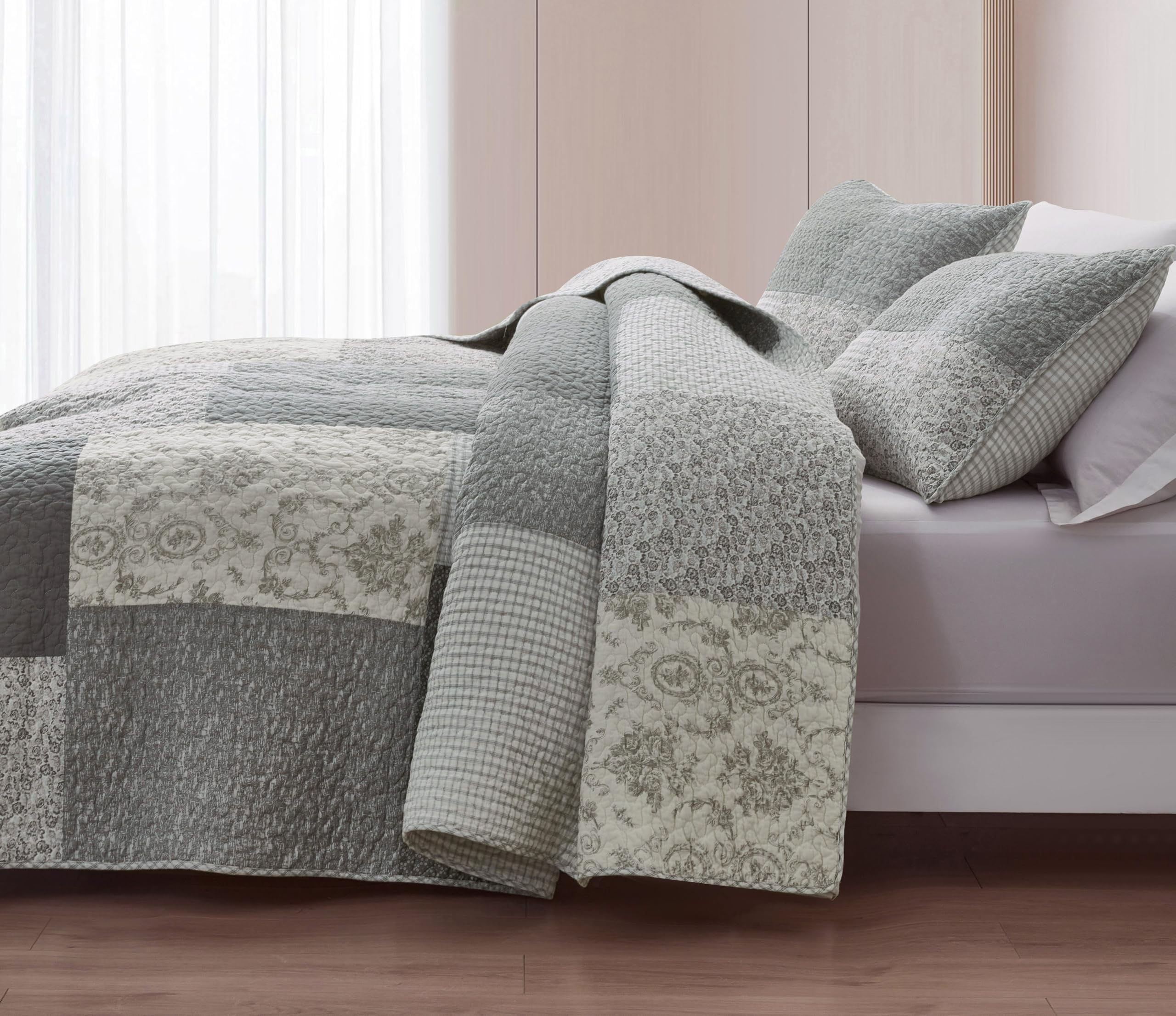Cooper 3-Piece Muted Gray White Ivory Floral Plaid Patchwork Quilt Set - Pre-Washed Cotton Quilted Lightweight Reversible Bedspread for All Seasons, King Size