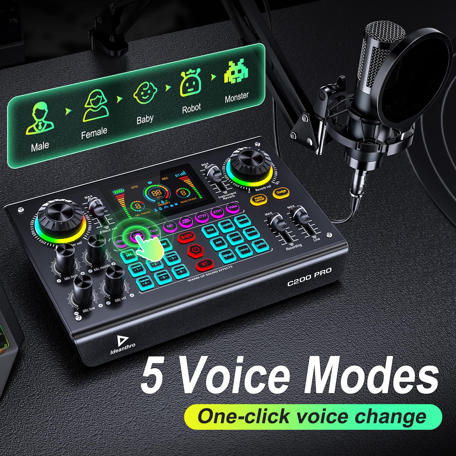 Professional Podcast Bundle with DSP Sound Card and Audio Mixer, 3.5mm Condenser Microphone for Live Streaming, Singing, Recording, and Gaming – Voice Changer, Noise Reduction