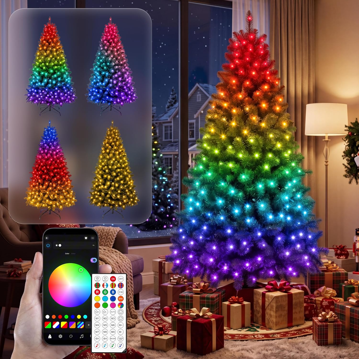 JOYIN 6 FT Full Size Prelit Artificial Christmas Tree, 300 RGB Lights, App & Remote Control, Hinged Branches, Includes Gloves, Metal Stand, Easy Setup, Realistic Holiday Decoration for Indoor Decor